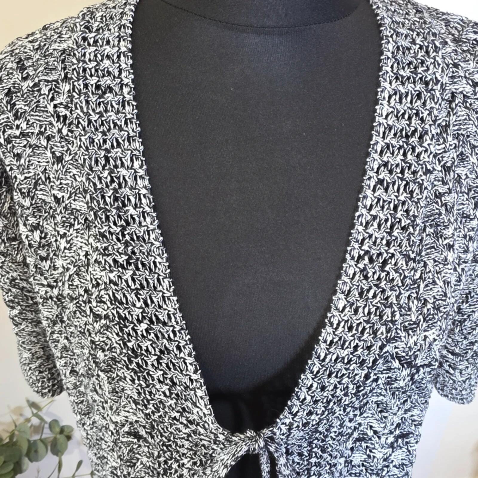 Pulse Black White Marled Knit Tie Front Cardigan Vintage UK 16 18 image 2