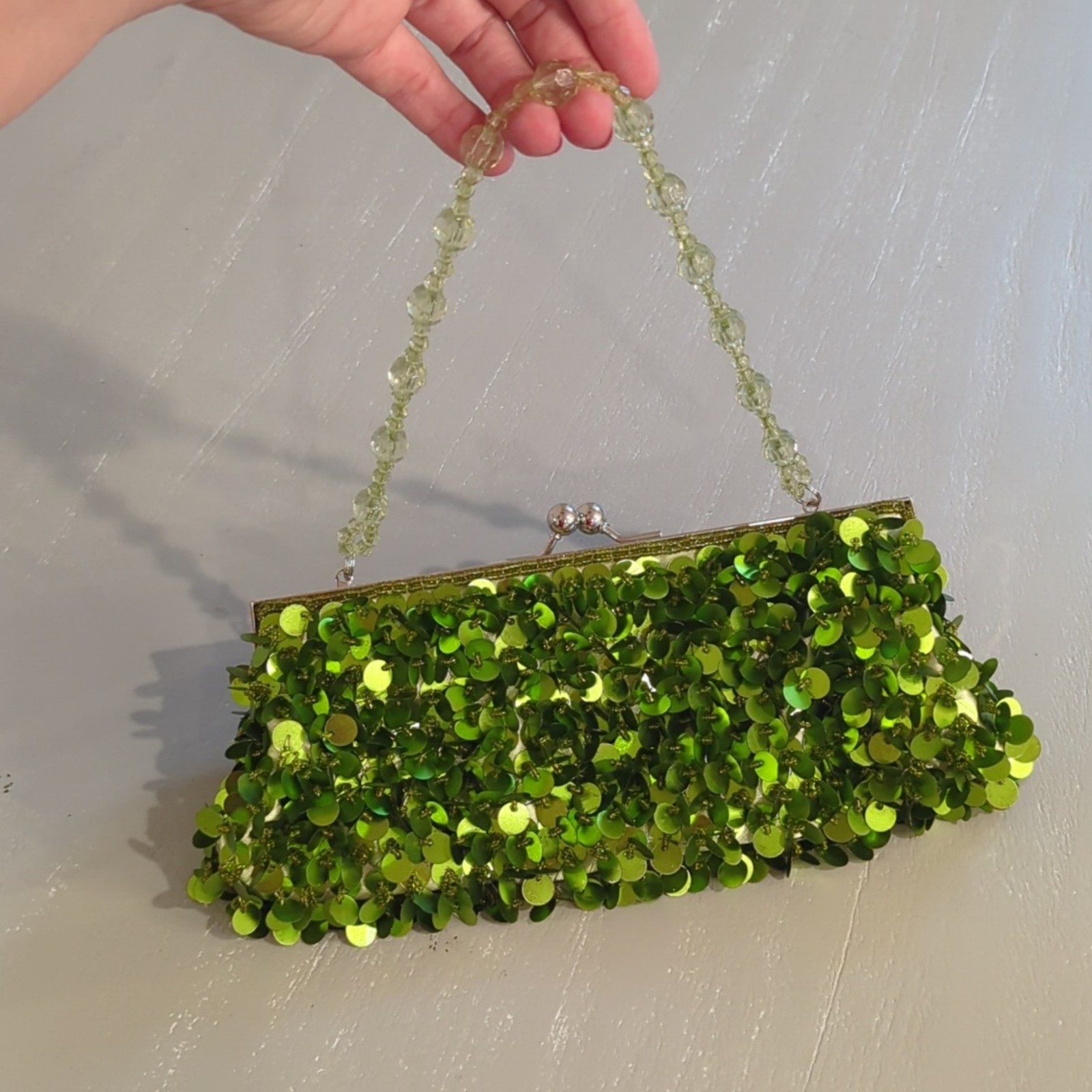 Green Sequin Beaded Evening Bag 11 inch