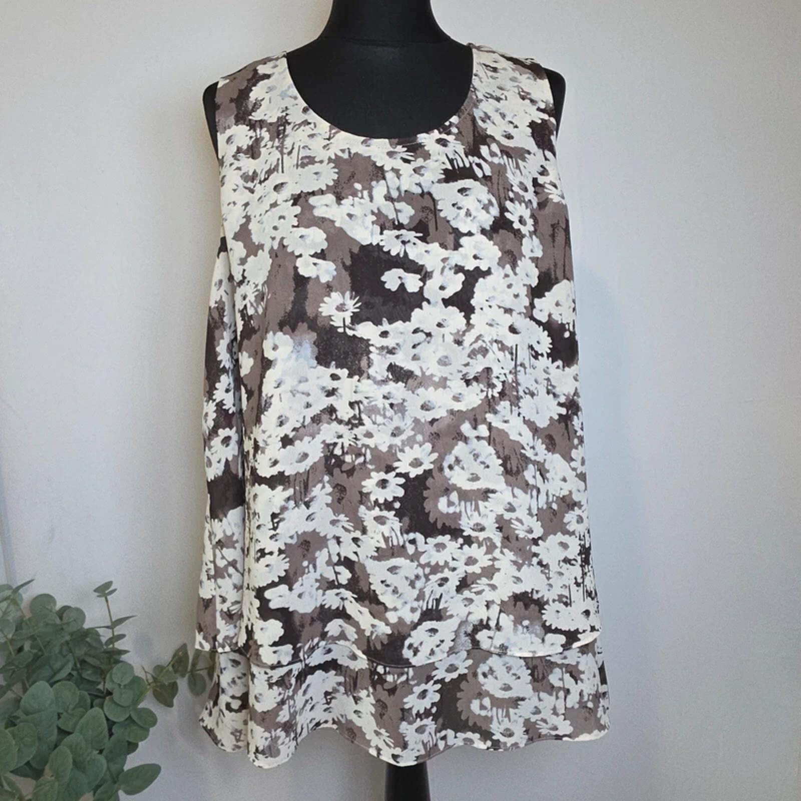 Monsoon Floaty Layered Overlay Top Taupe Floral Chiffon Sleeveless UK 18