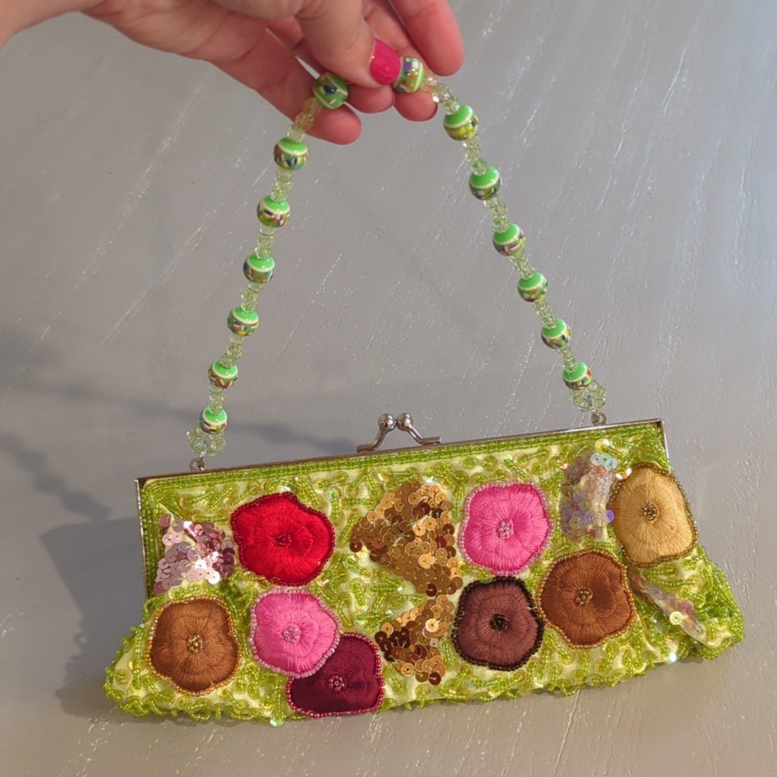 Beaded Multi Floral Embroidered Green Sequin Evening Bag Clutch