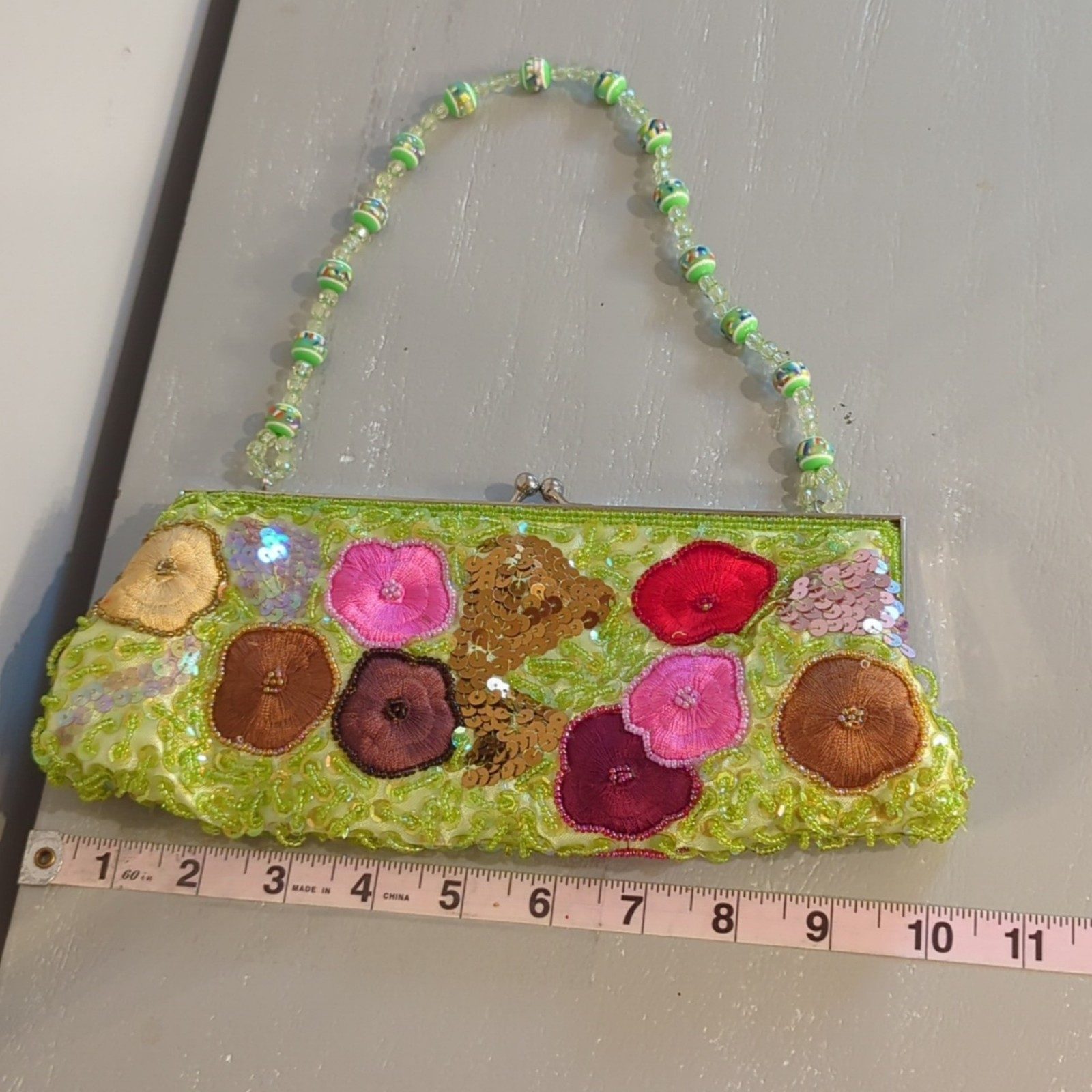 Beaded Multi Floral Embroidered Green Sequin Evening Bag Clutch image 4
