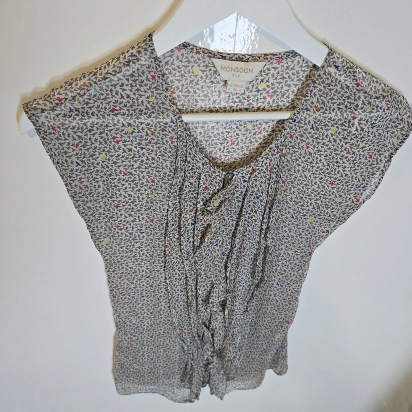 Monsoon Silk Bird Print Blouse Top UK 8 Boho Floaty Lightweight image 2