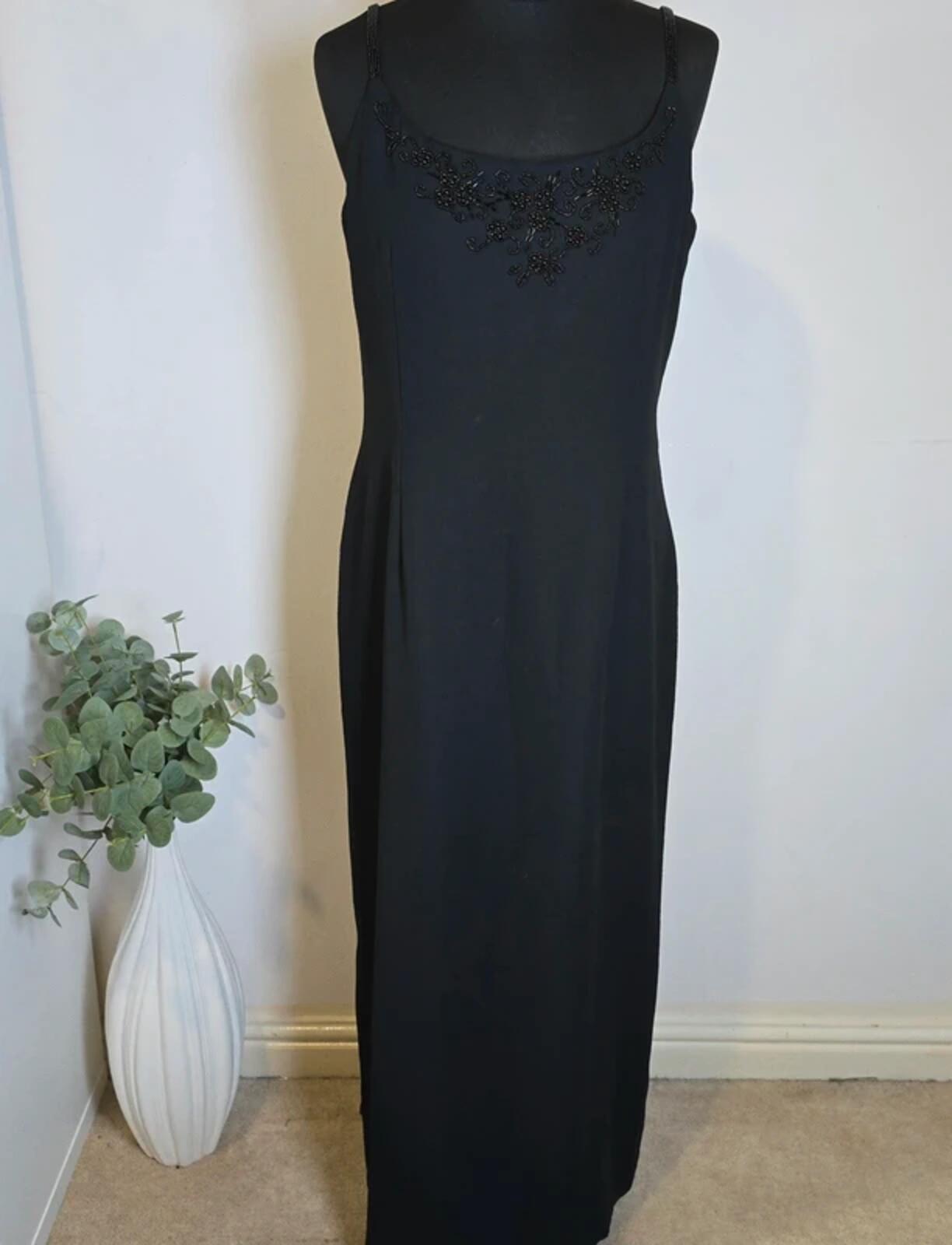Vintage Monsoon Twilight Black Beaded Maxi Dress UK 14 Y2K Evening Goth