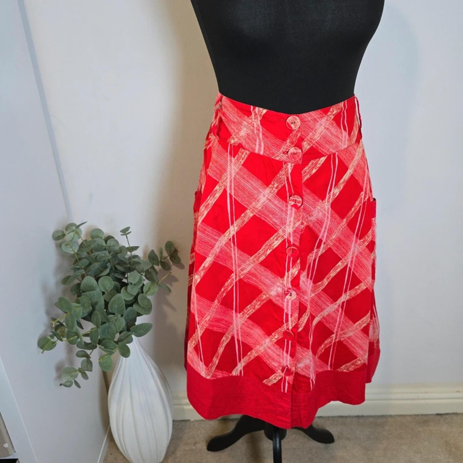 Y2K Monsoon Red Abstract Button Front Midi Skirt UK 10 Boho Indie