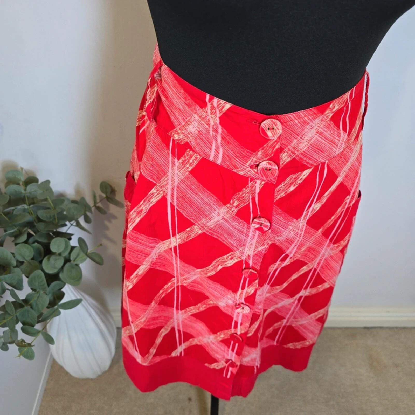 Y2K Monsoon Red Abstract Button Front Midi Skirt UK 10 Boho Indie image 2