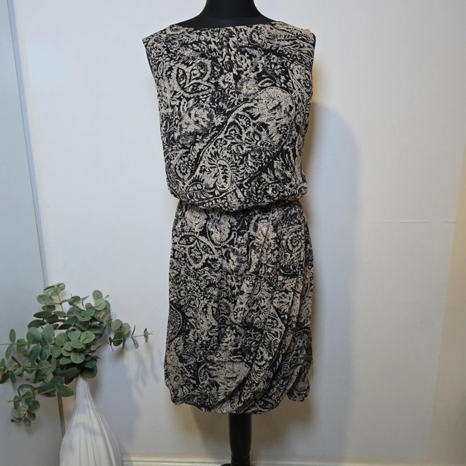 Monsoon Black Beige Boho Bubble Dress Draped Midi UK 18
