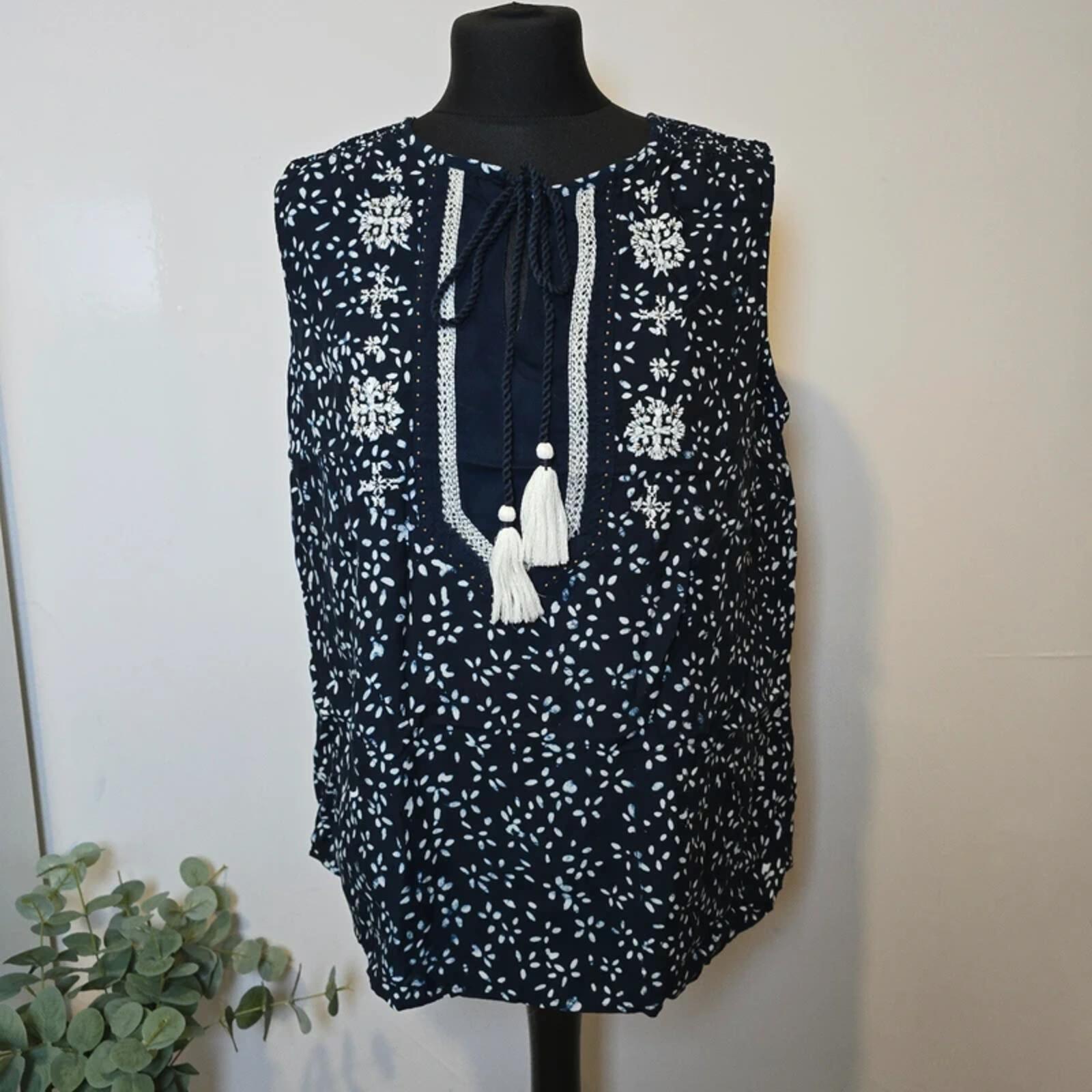 Monsoon Boho Tassel Blouse Navy White Embroidered Size L