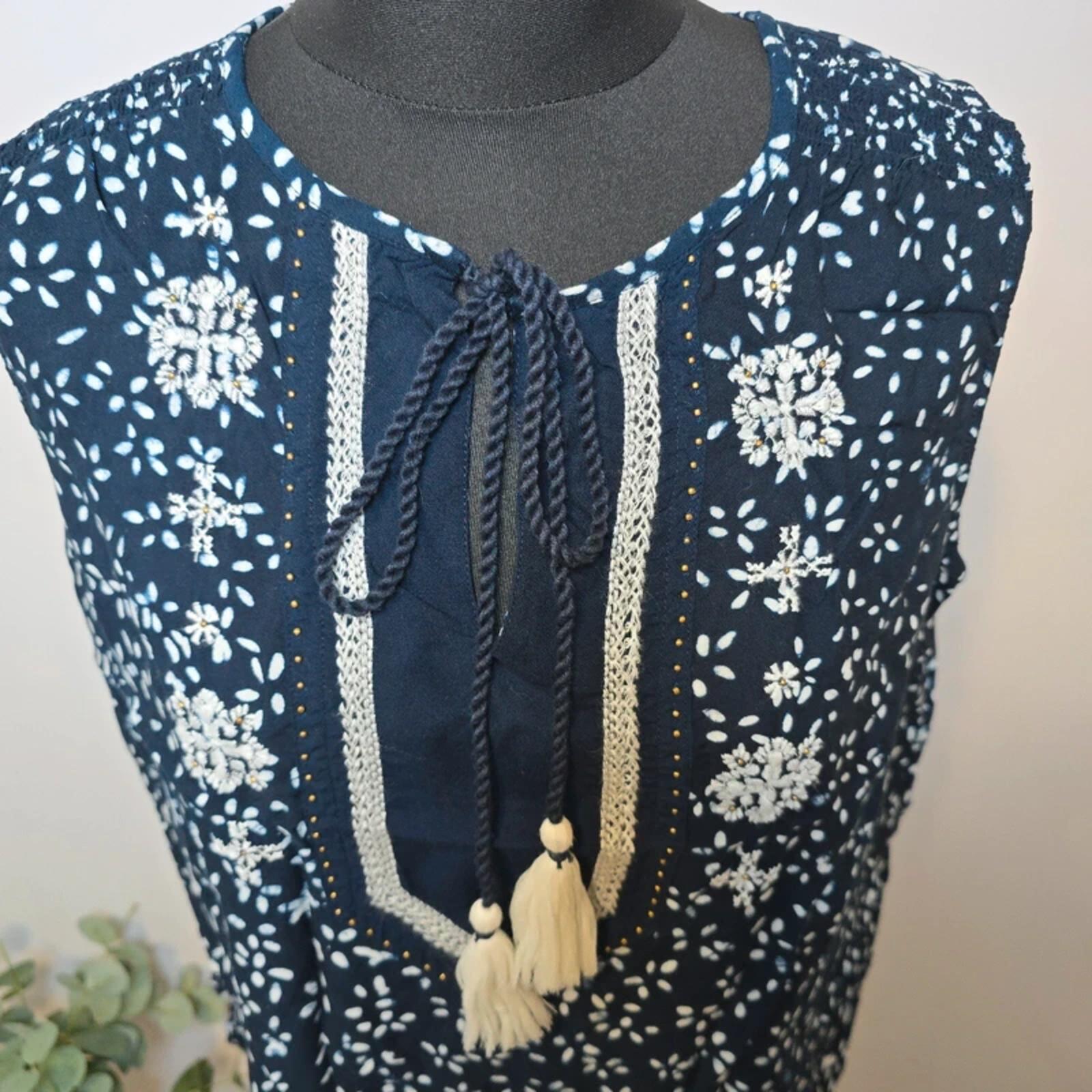 Monsoon Boho Tassel Blouse Navy White Embroidered Size L image 2