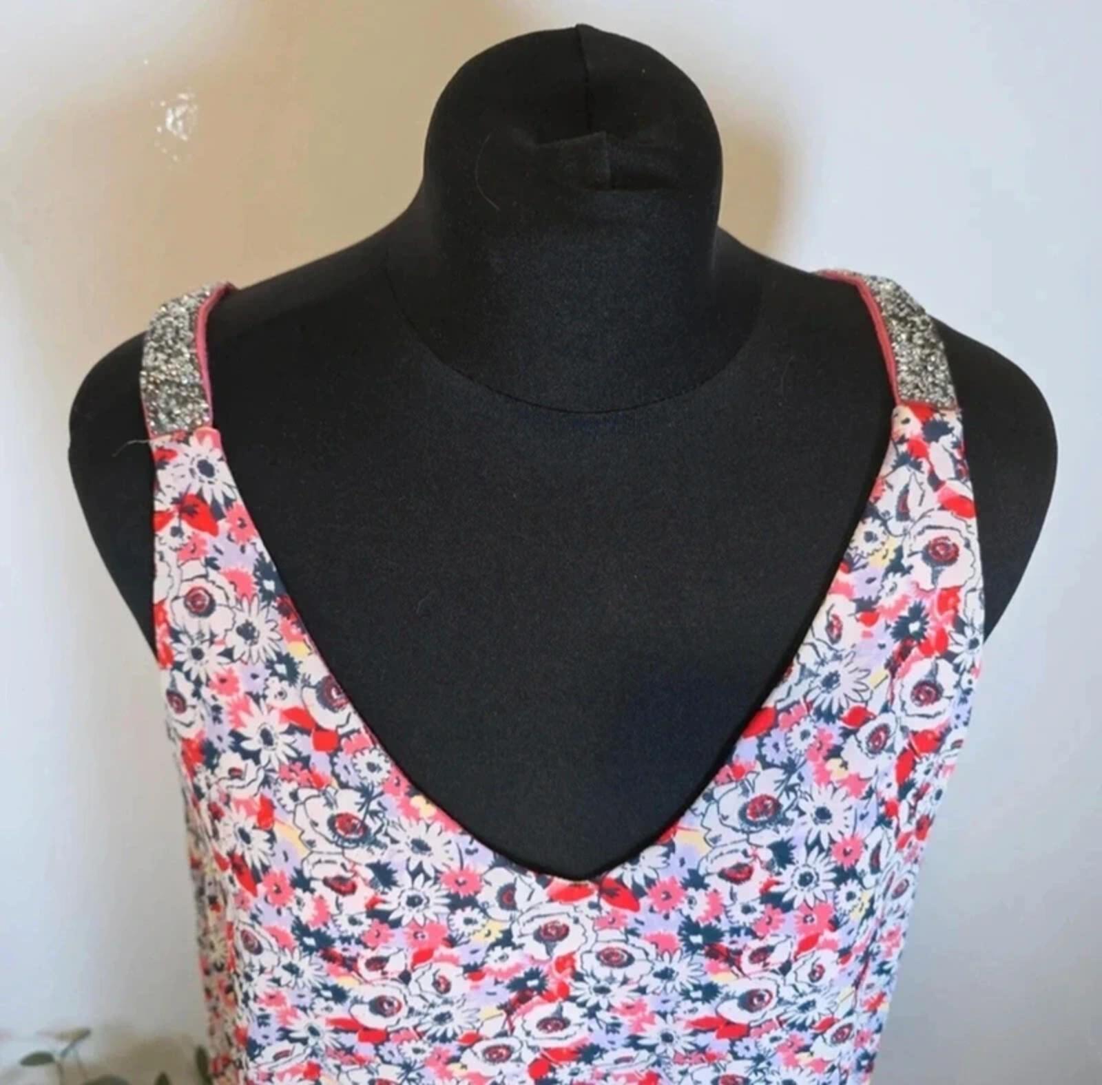 Next Floral Chiffon Layered Top Sequin Strap Coral Lining Size 14 image 4