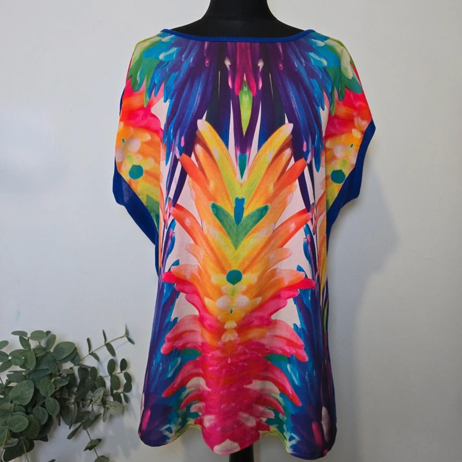 Bright Multicolour Abstract Print Tunic Top UK 16 Oversized Kaftan Festival