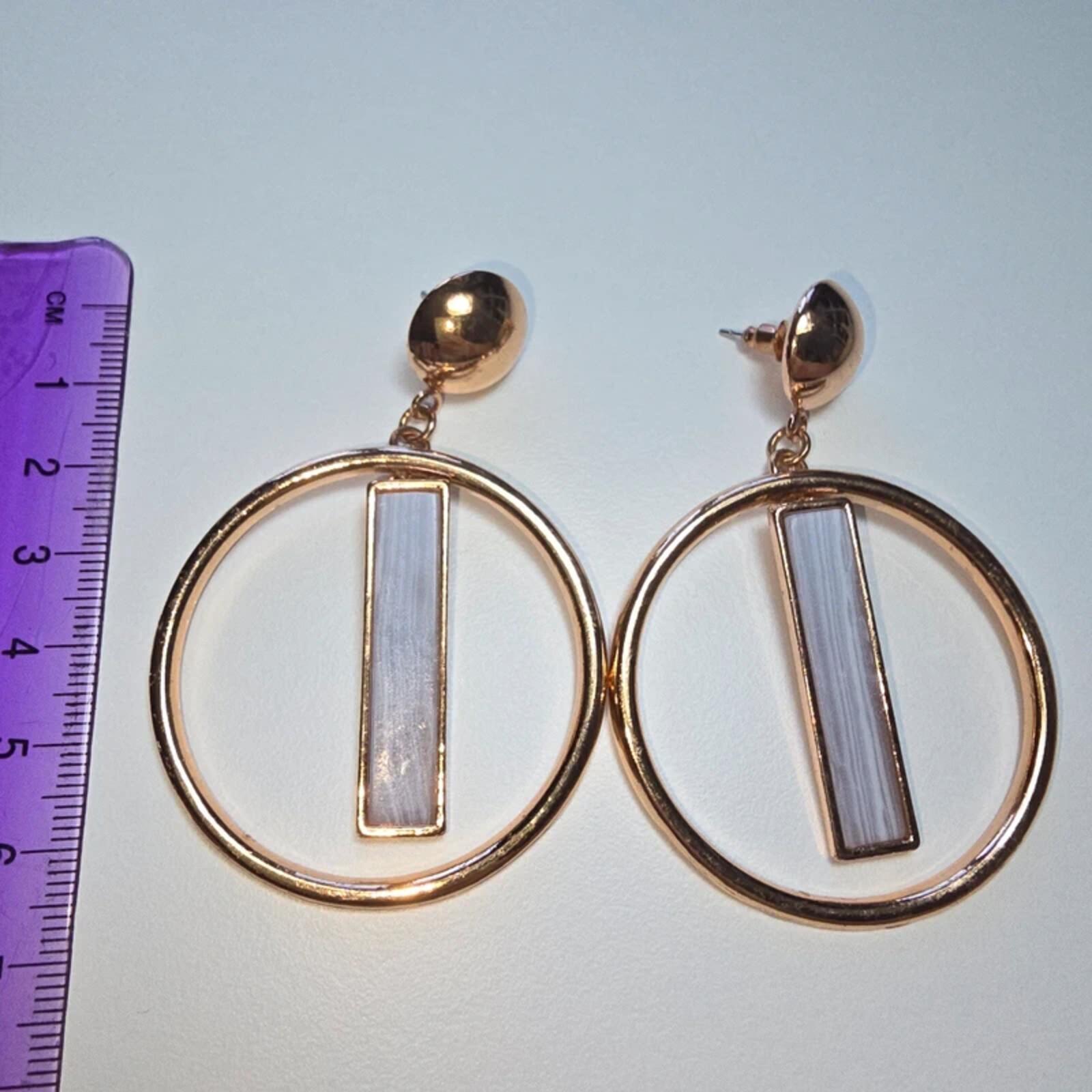 Gold Tone Geometric Drop Earrings White Stone Effect Statement Minimalist image 3