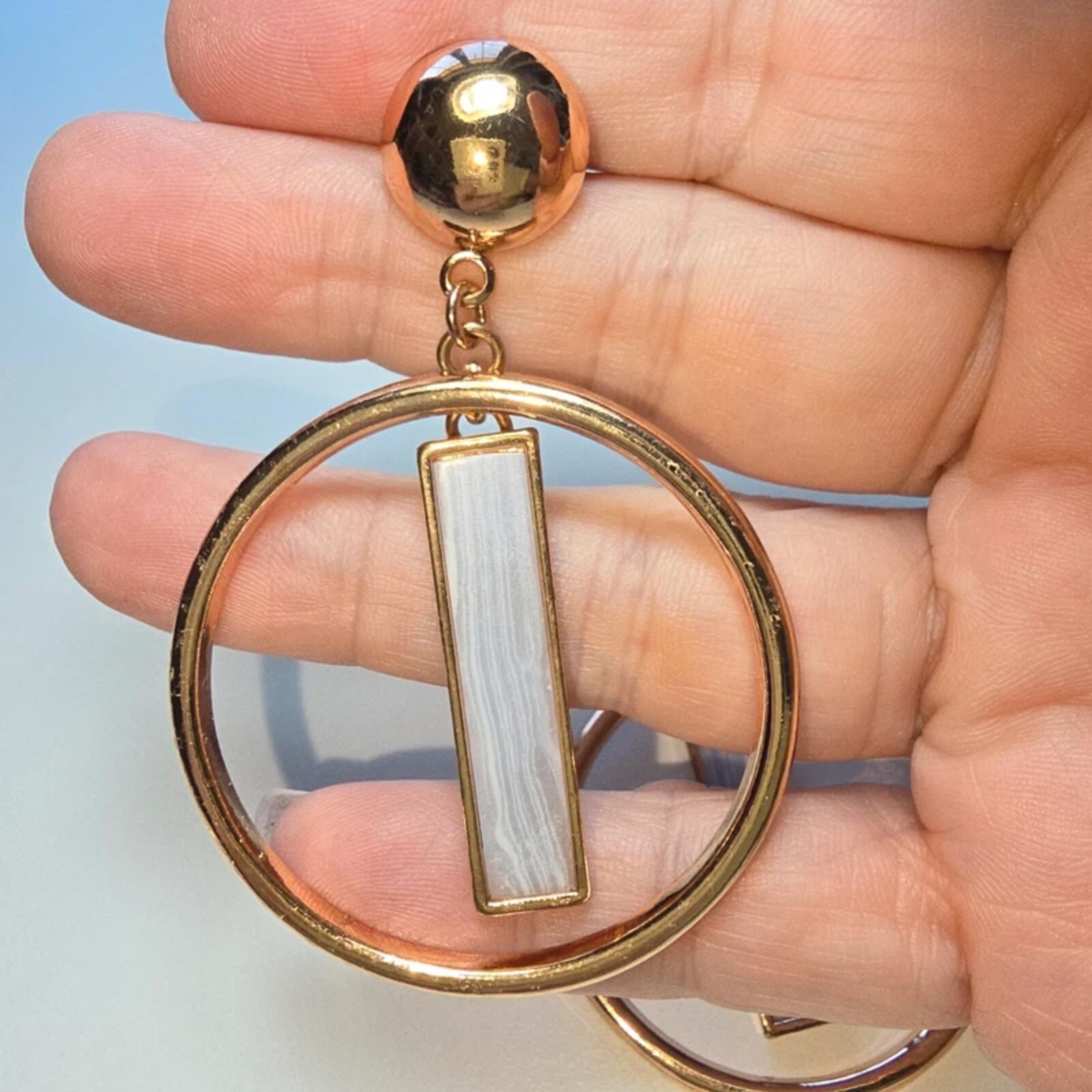 Gold Tone Geometric Drop Earrings White Stone Effect Statement Minimalist image 4