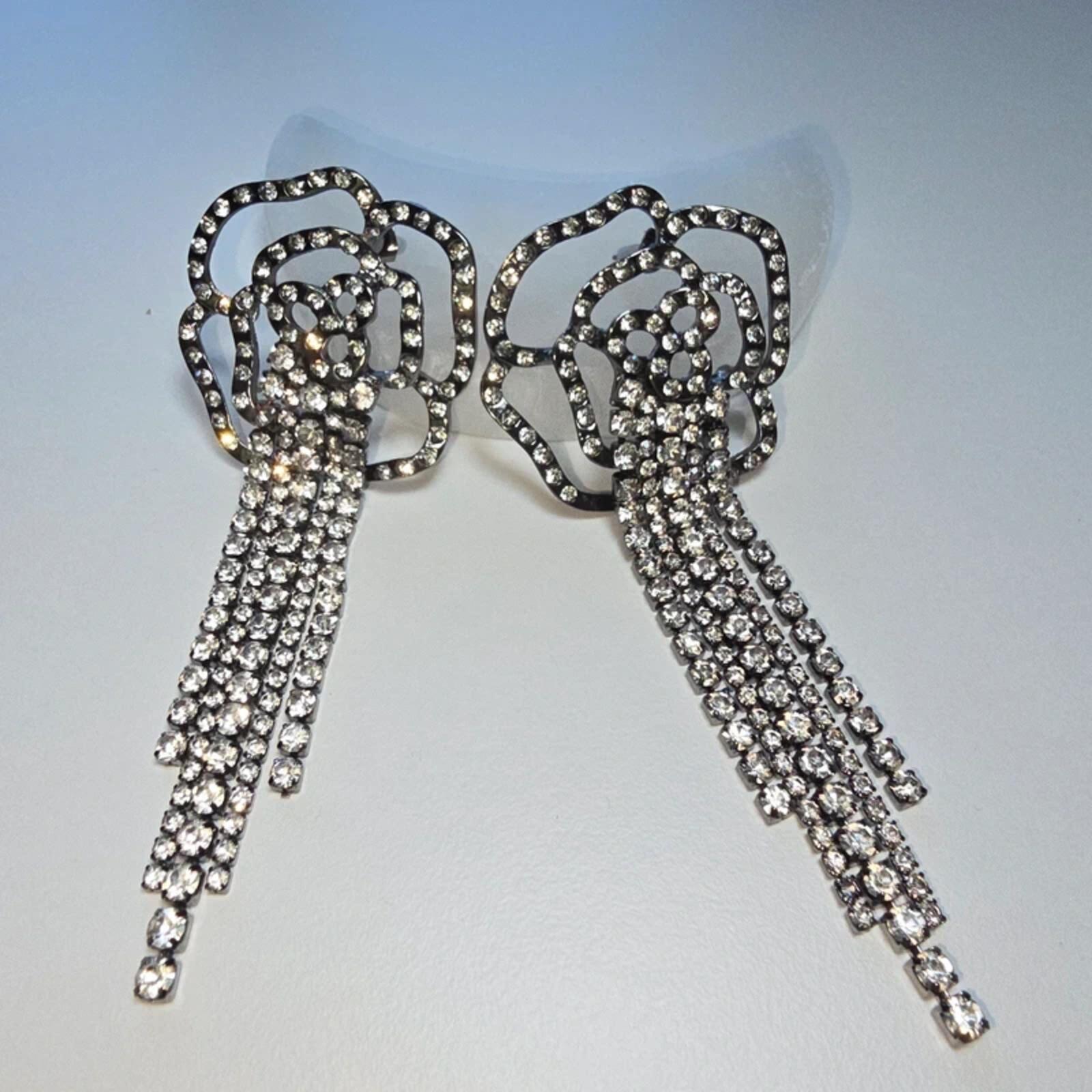 Statement Rose Rhinestone Tassel Earrings Silver Tone Glam Evening Wedding