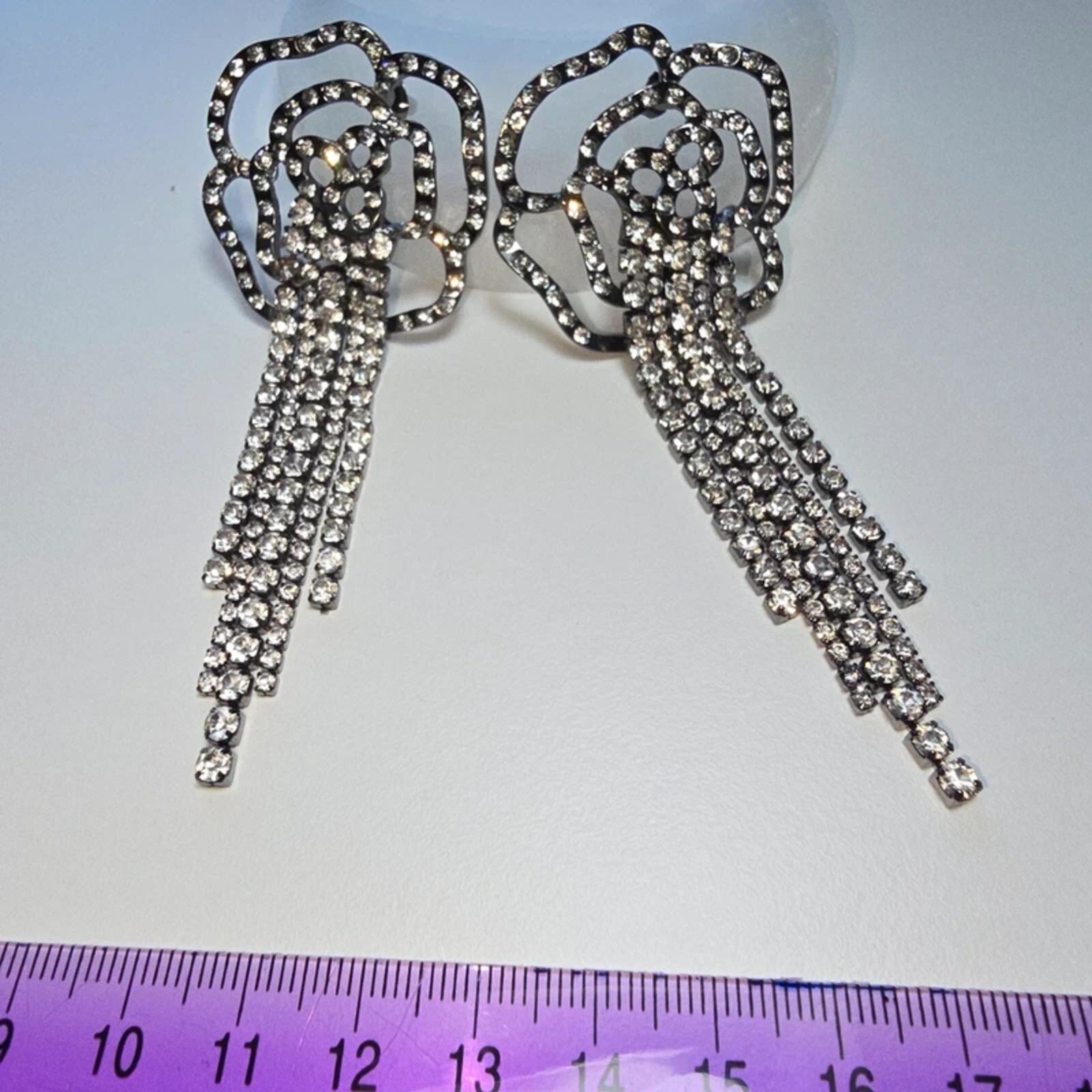 Statement Rose Rhinestone Tassel Earrings Silver Tone Glam Evening Wedding image 2