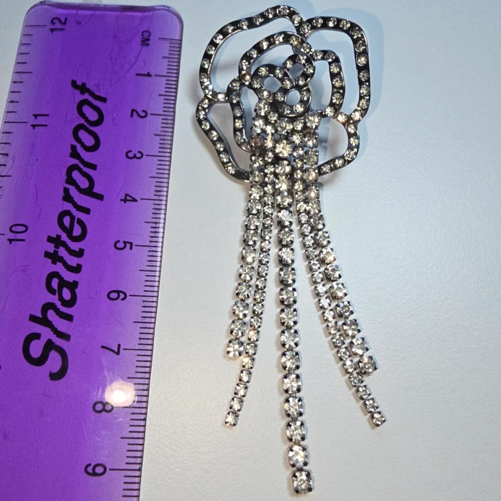 Statement Rose Rhinestone Tassel Earrings Silver Tone Glam Evening Wedding image 4