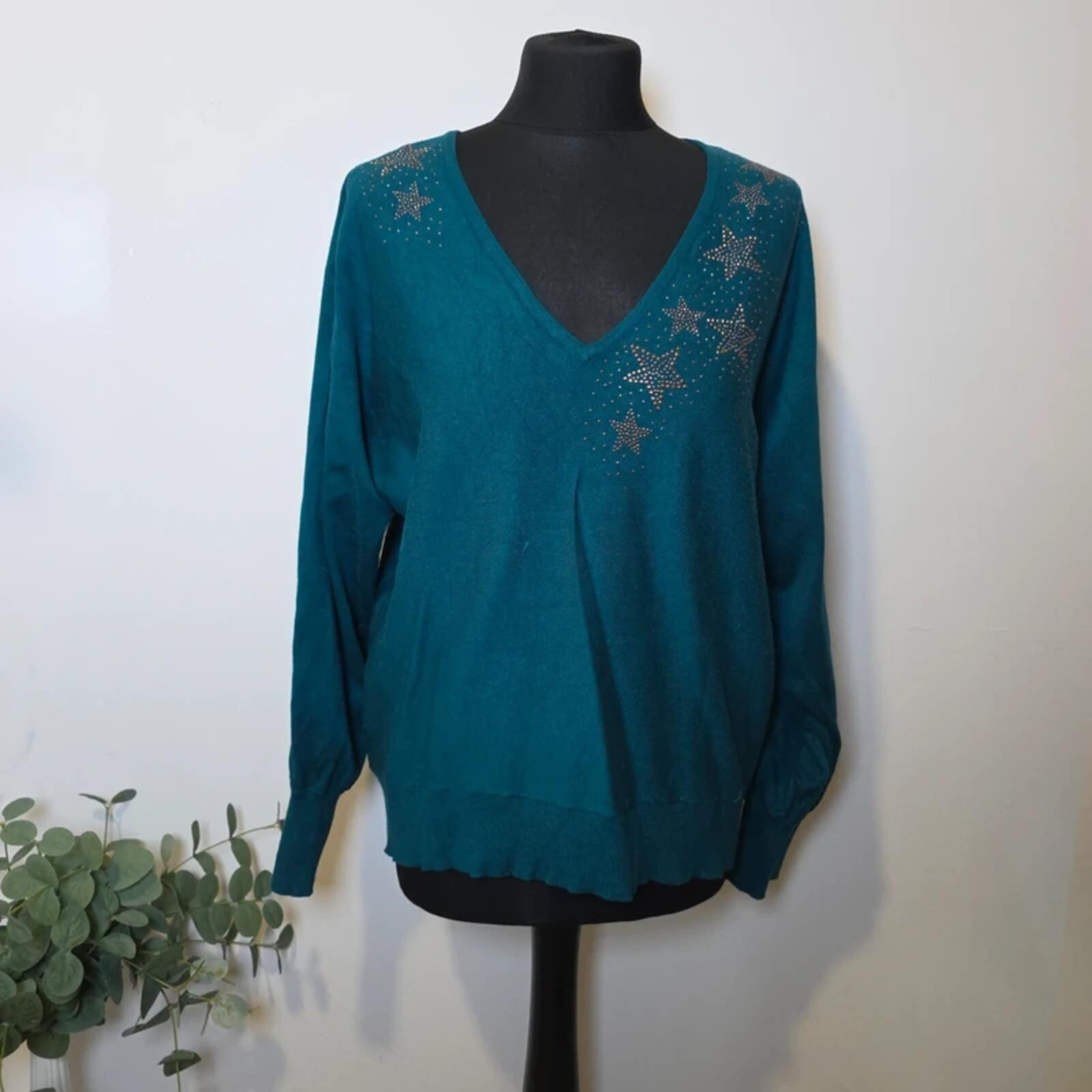 Monsoon Star Embellished V Neck Jumper Teal Fairycore Soft Knit M