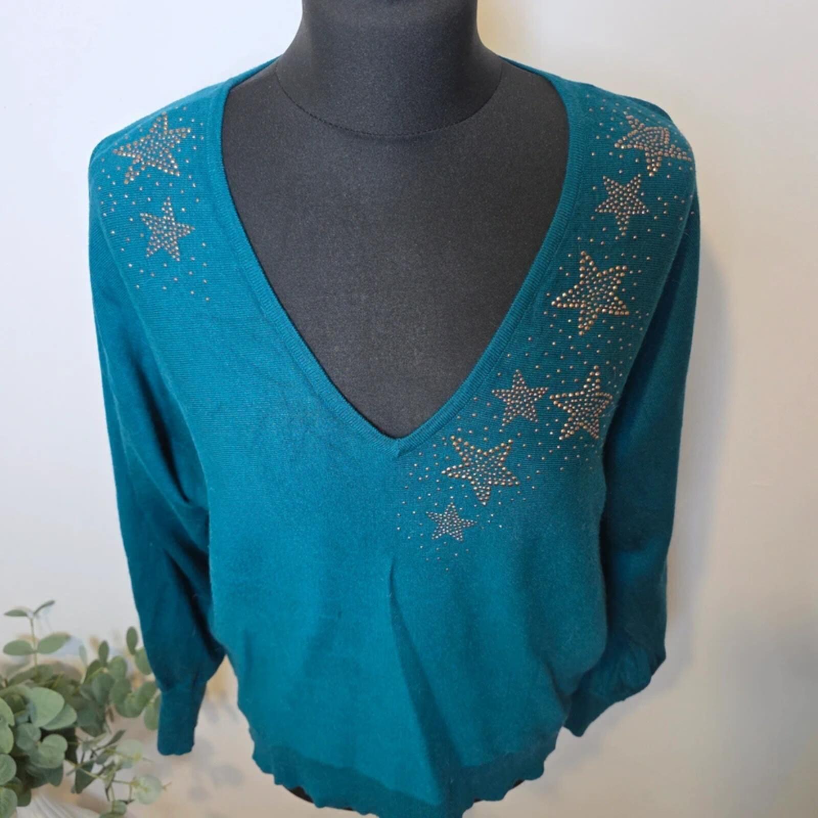 Monsoon Star Embellished V Neck Jumper Teal Fairycore Soft Knit M image 2