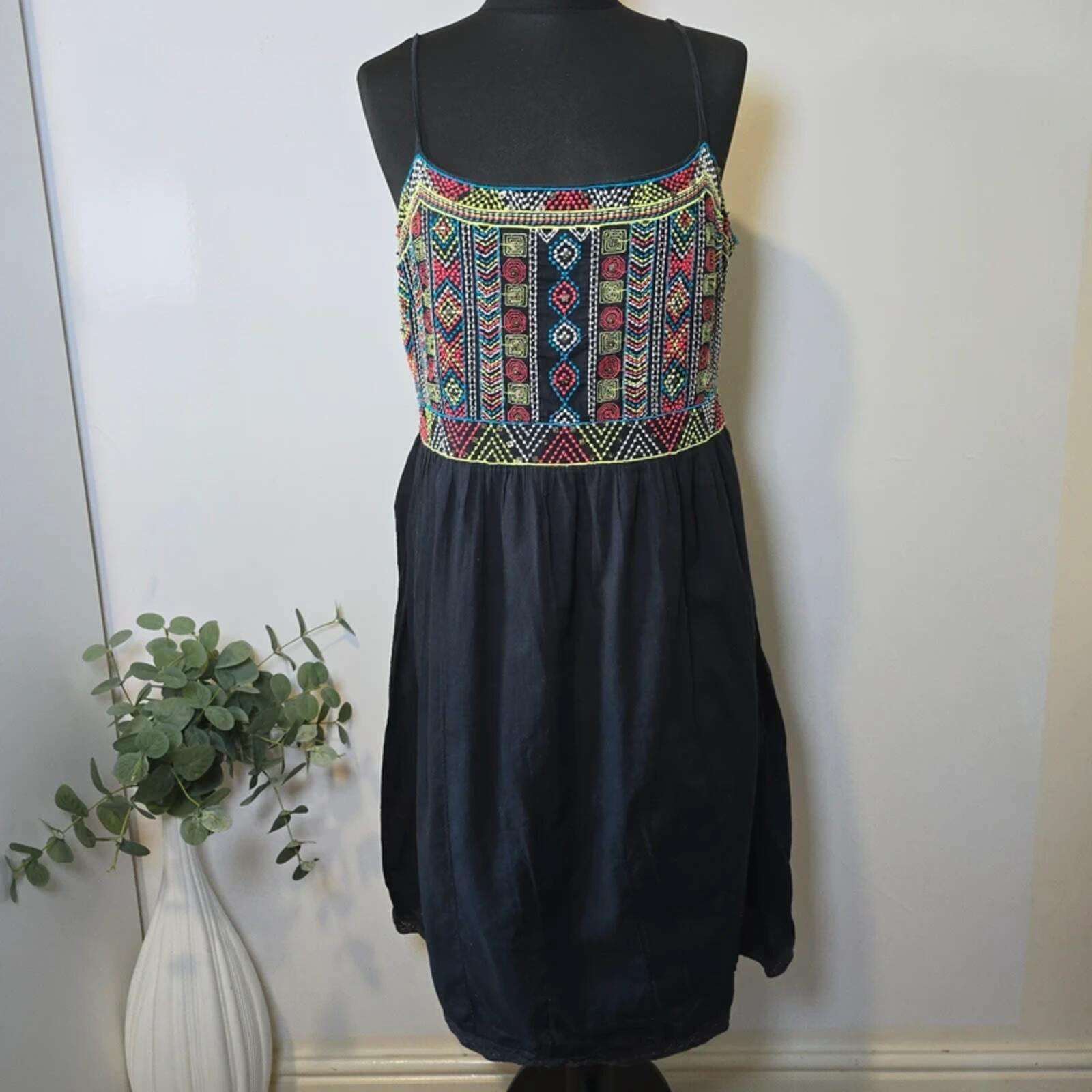 Monsoon Boho Dress Black Beaded Cotton Size 16