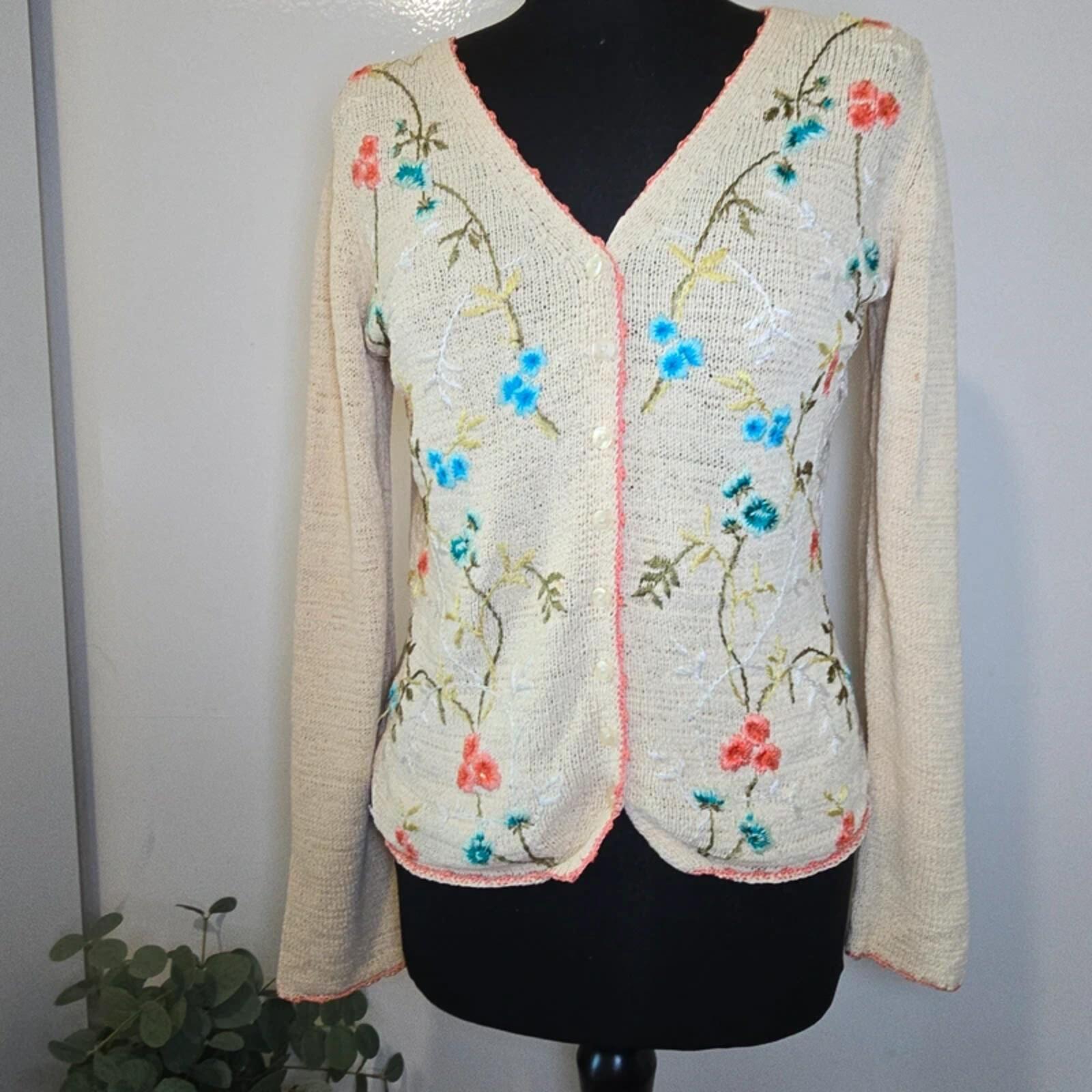 Monsoon Floral Embroidered Cardigan Boho Cottagecore Cotton Cream UK 8