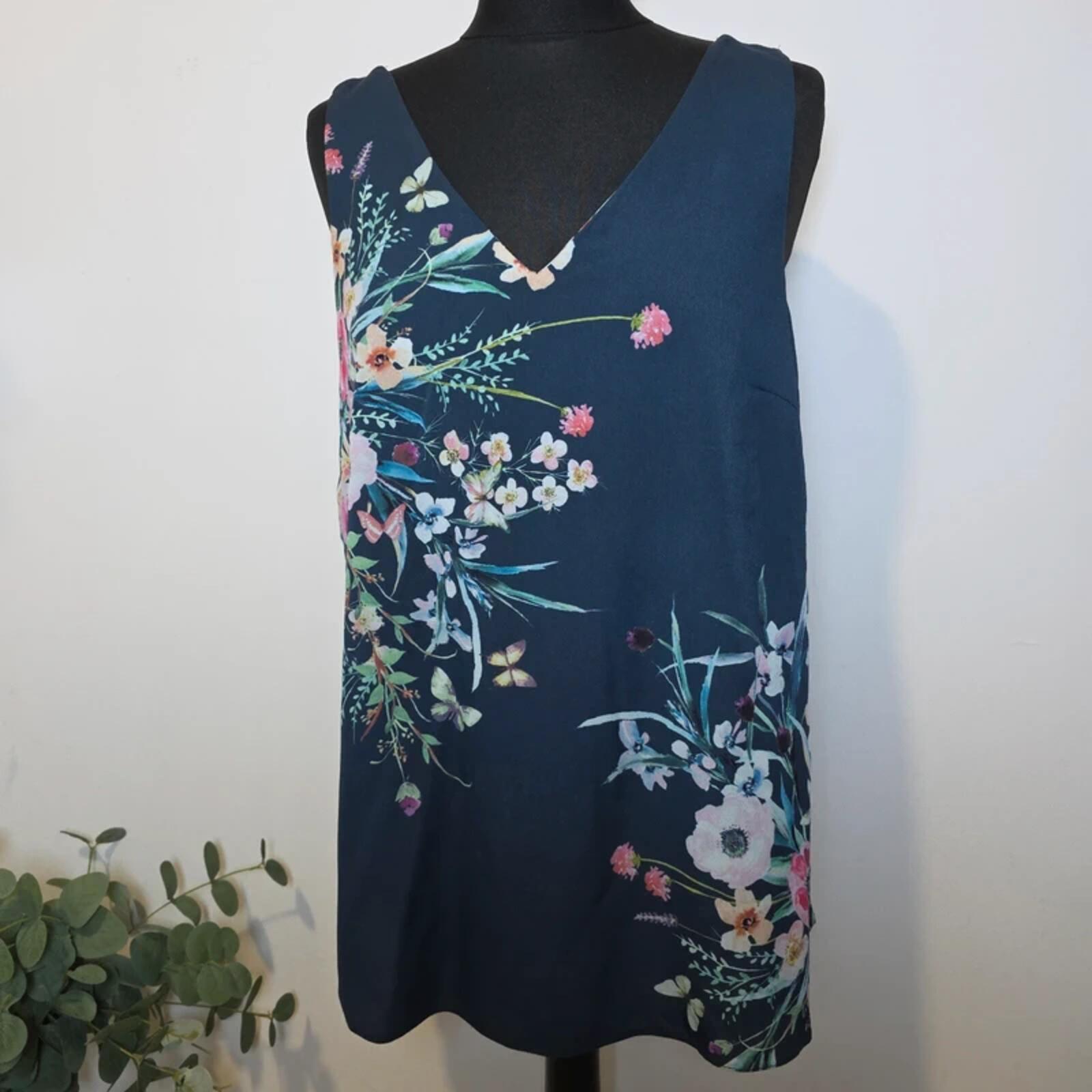 Monsoon Floral Top Retro Print Sleeveless Blouse Navy V Neck UK 14 Boho