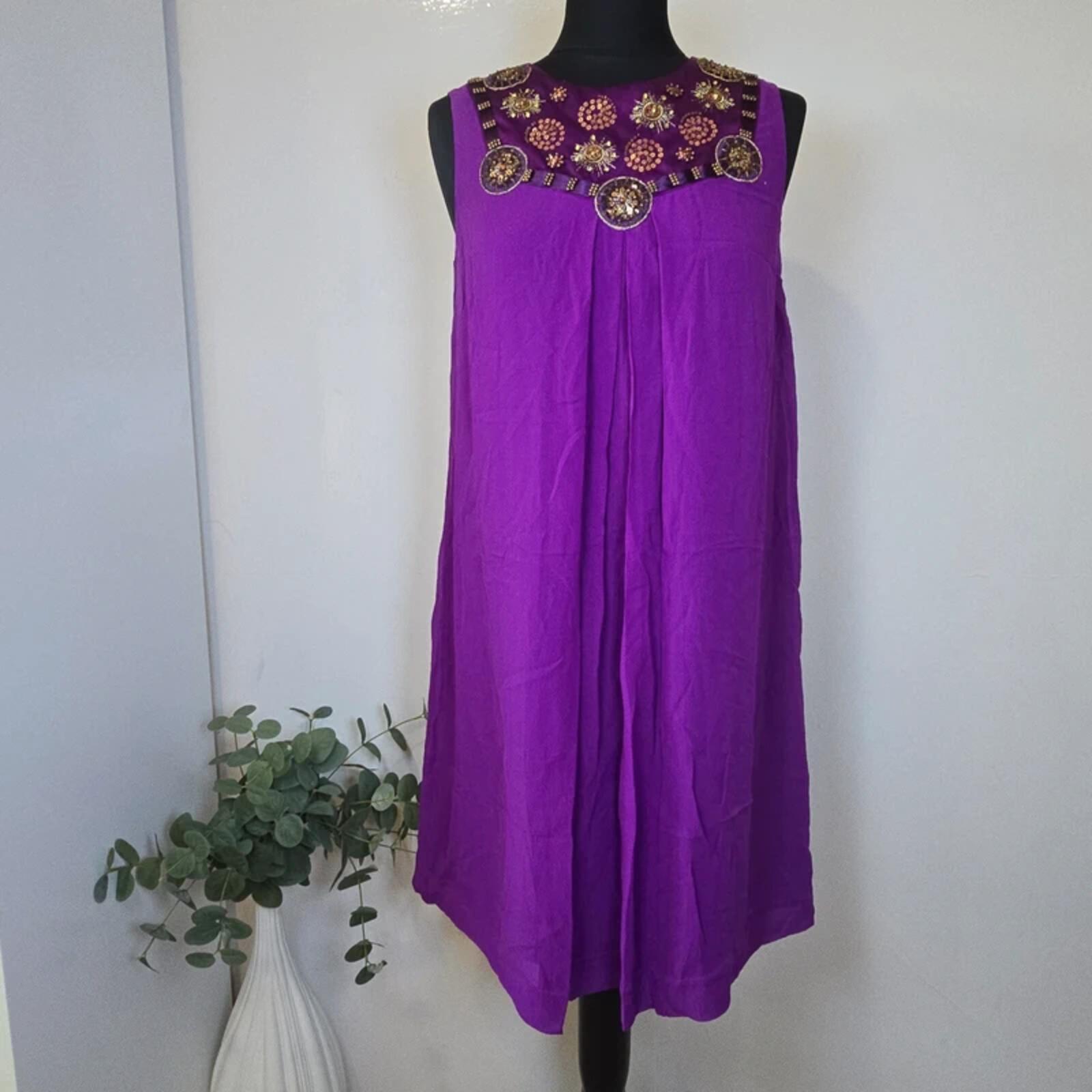 Monsoon Silk Tunic Dress Embellished Sequin Boho Purple Size 10 Vintage