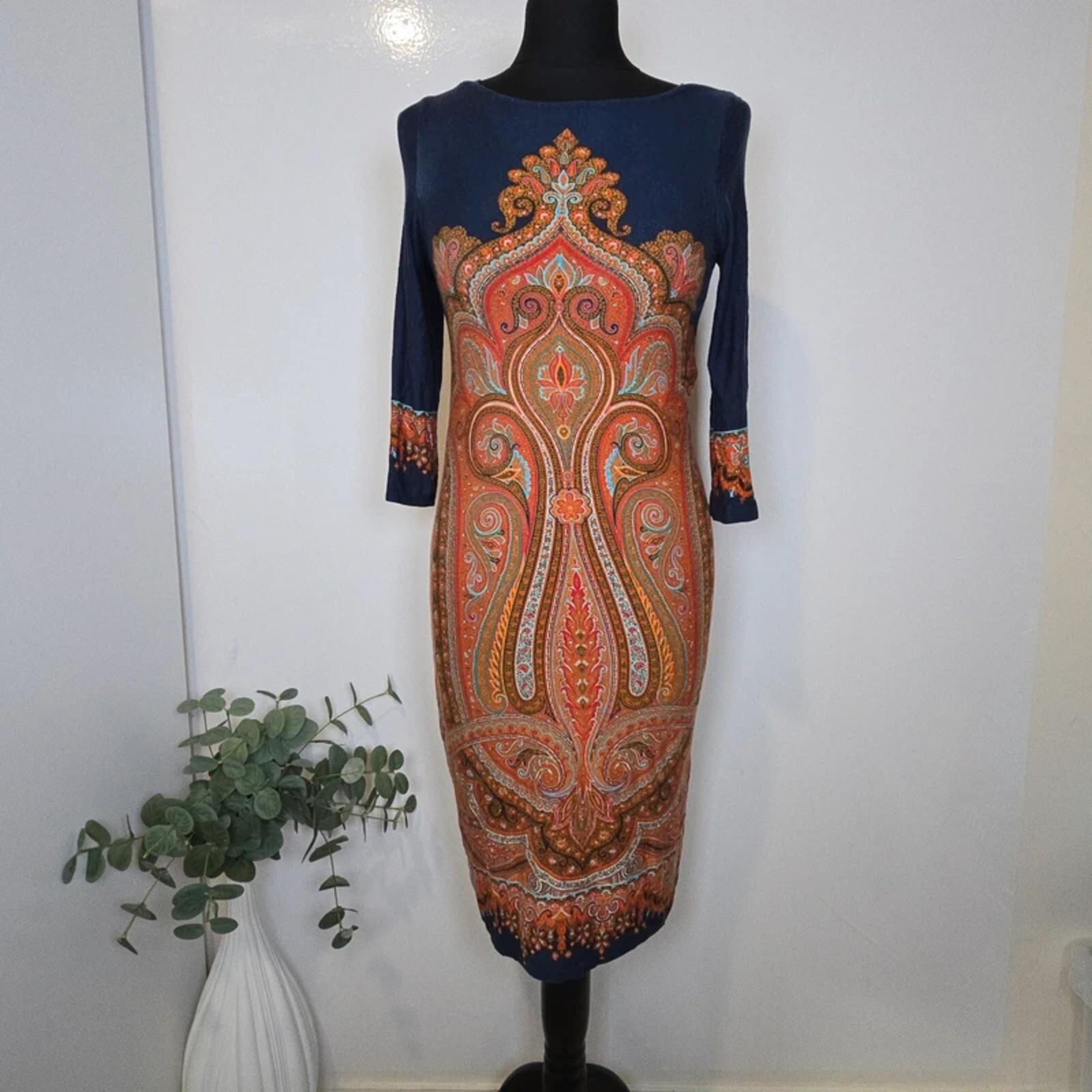 Monsoon Paisley Print Dress Boho Statement Navy Orange 2013 Size 8
