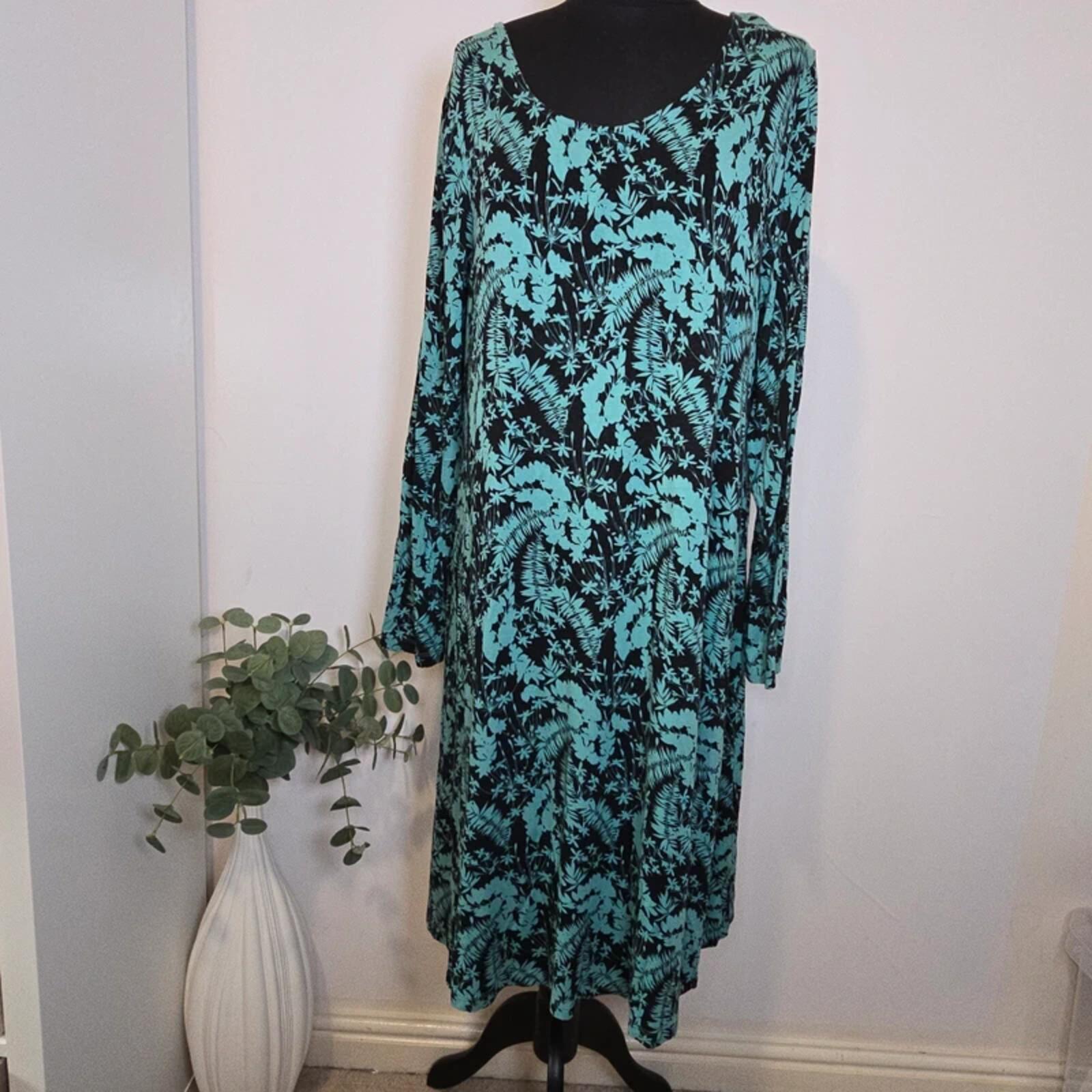 Monsoon Floral Print Dress Botanical Teal Black Stretch Midi Size 18