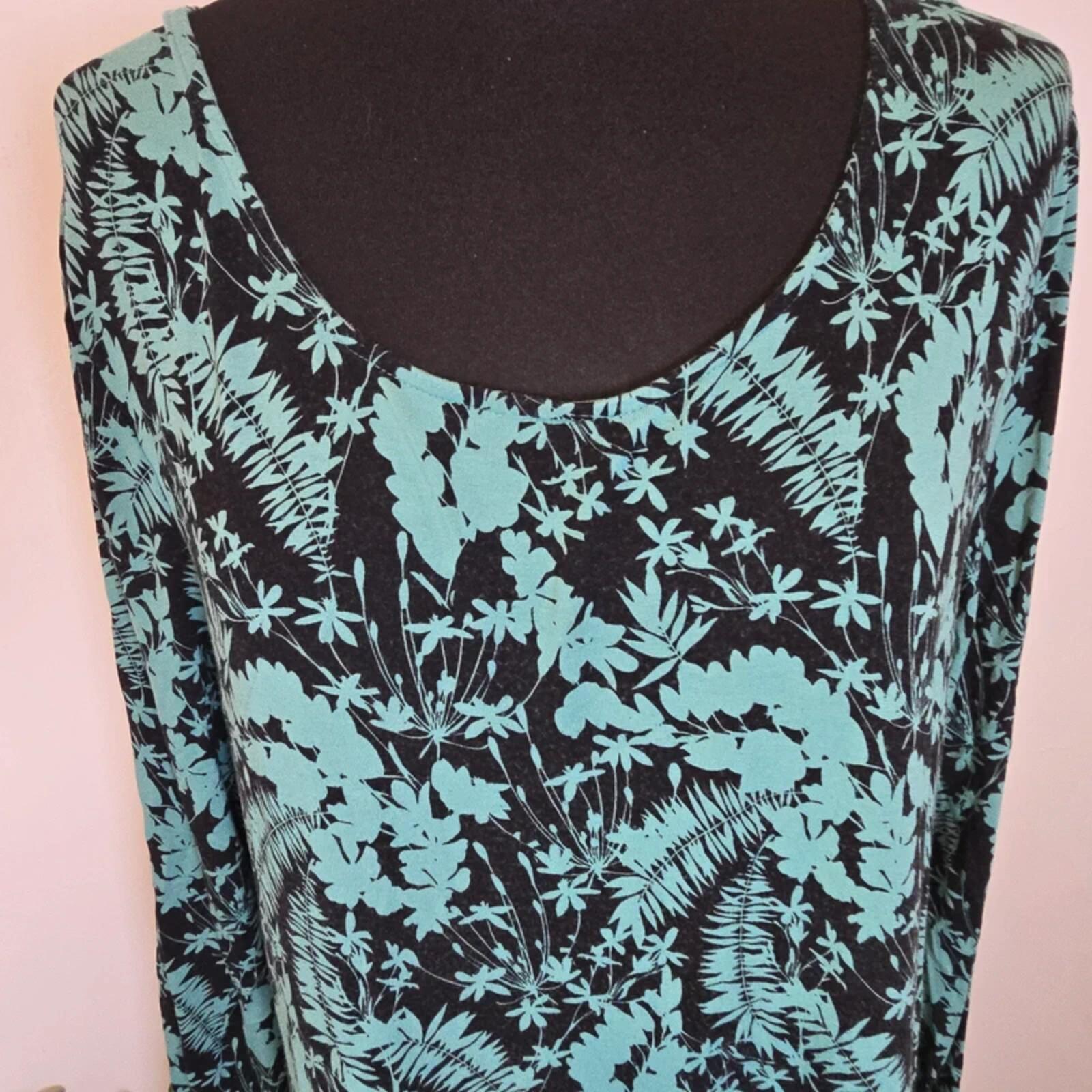 Monsoon Floral Print Dress Botanical Teal Black Stretch Midi Size 18 image 2