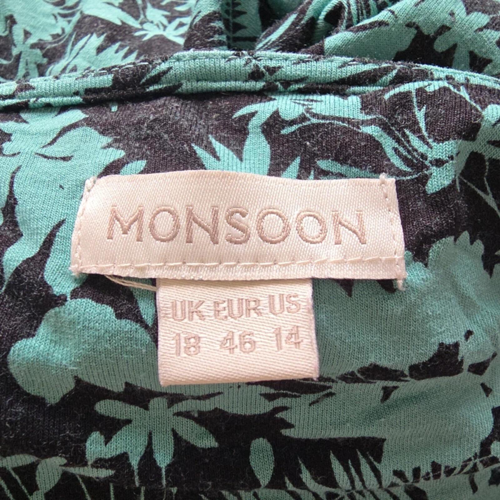 Monsoon Floral Print Dress Botanical Teal Black Stretch Midi Size 18 image 3