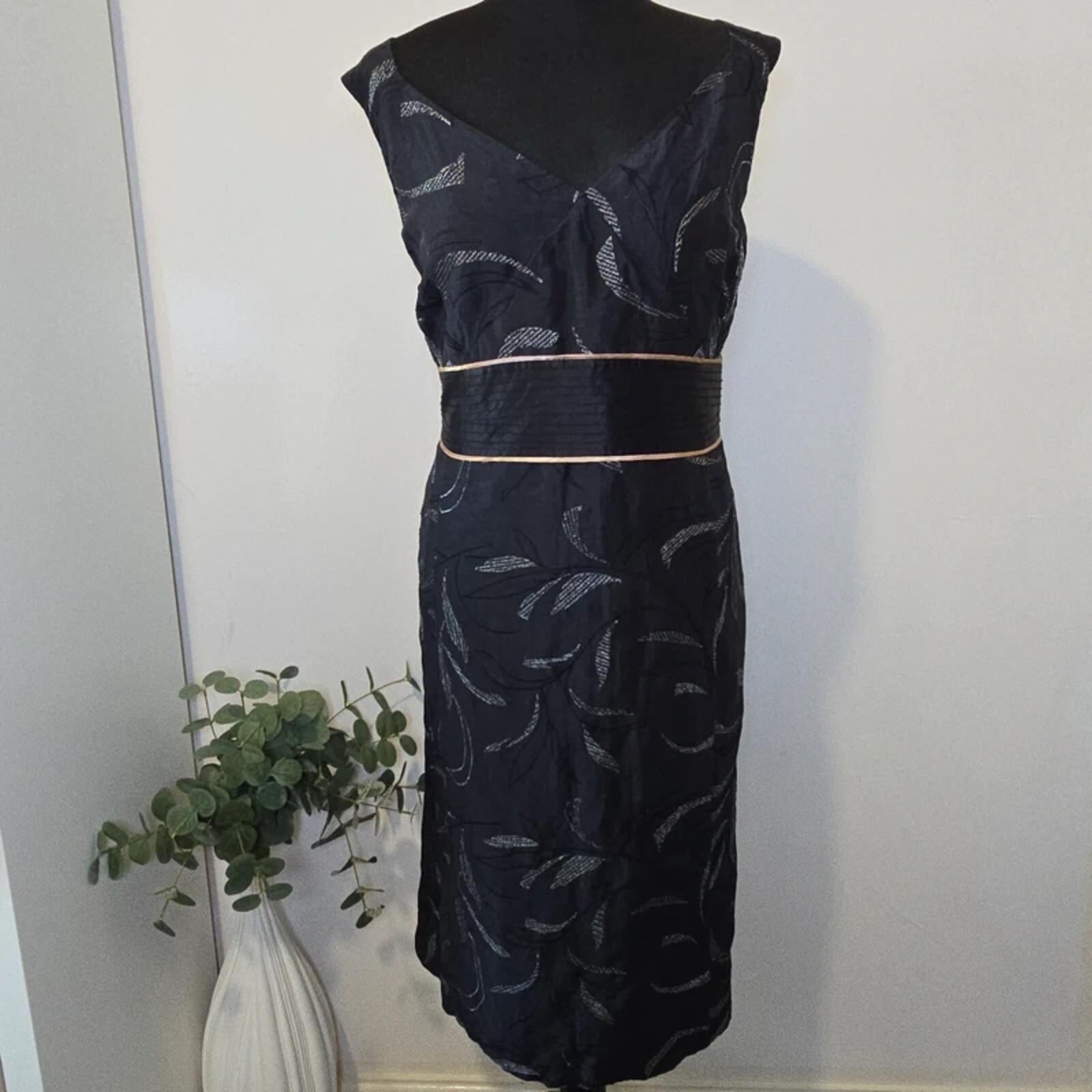 Monsoon Linen Silk Dress Black Embroidered Midi V Neck Occasion UK 22 Y2K