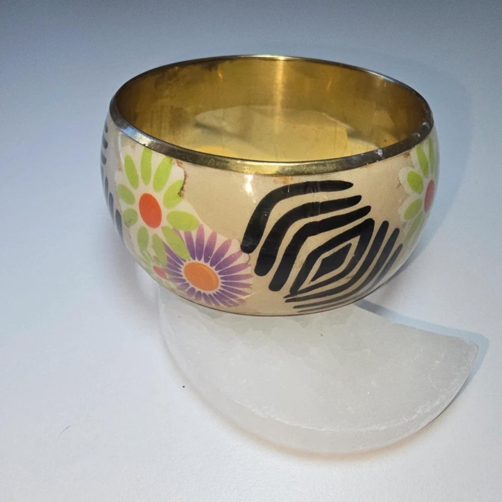 Vintage Style Brass Cuff Bangle Wide Floral Retro Boho Statement Bracelet