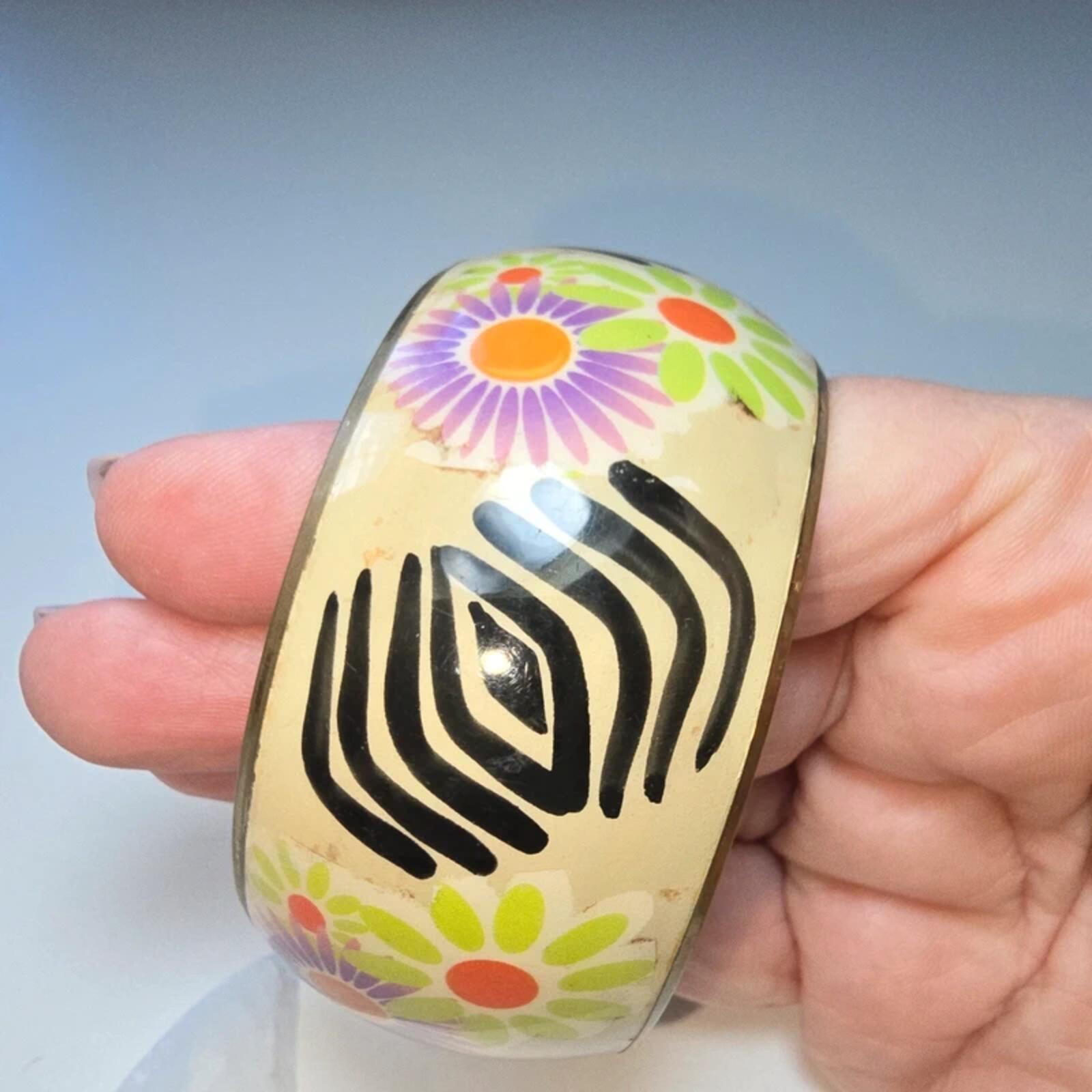 Vintage Style Brass Cuff Bangle Wide Floral Retro Boho Statement Bracelet image 4