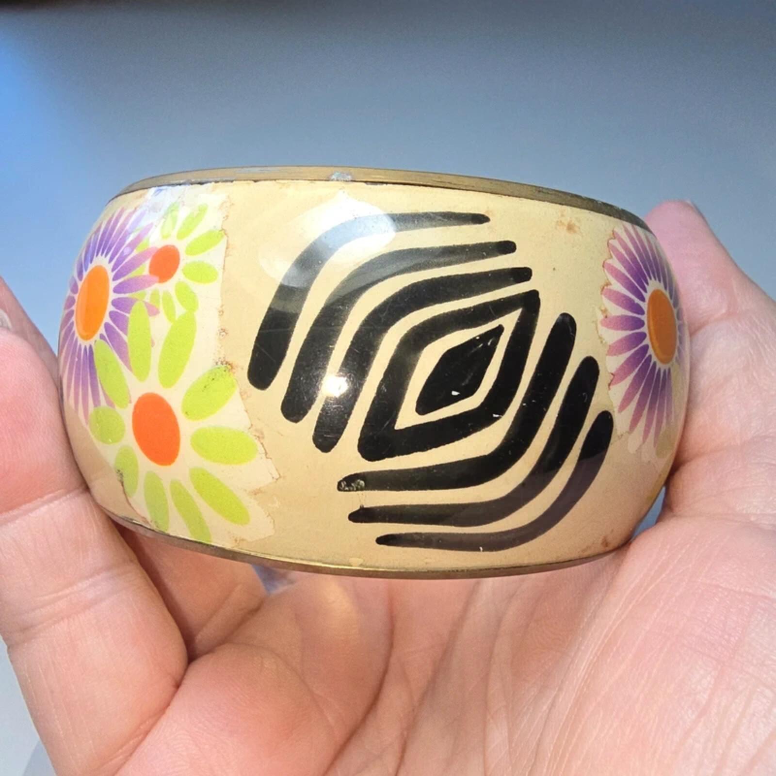 Vintage Style Brass Cuff Bangle Wide Floral Retro Boho Statement Bracelet image 5