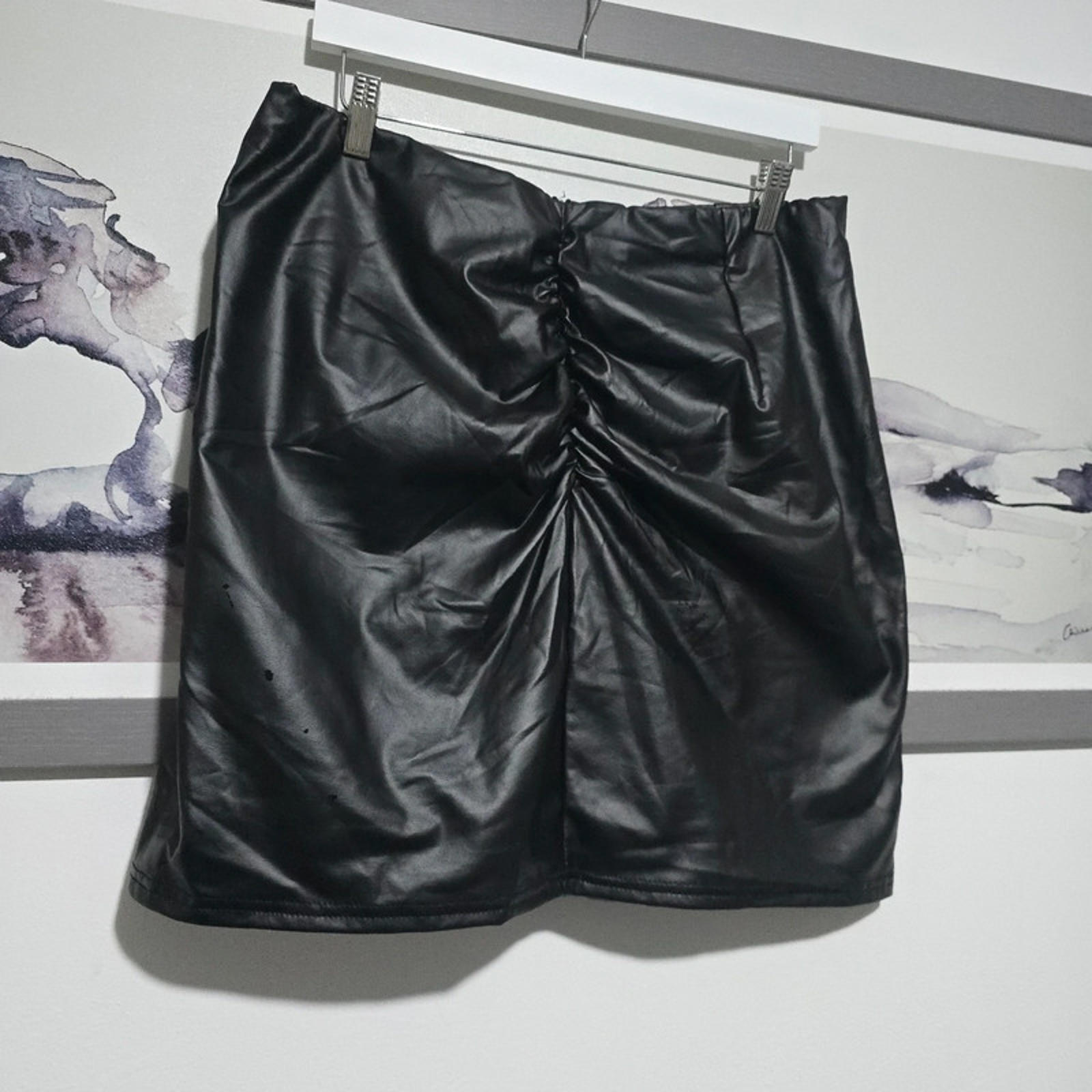 Black Faux Leather Ruched Mini Skirt – Stretch – Size 2XL – High Waist