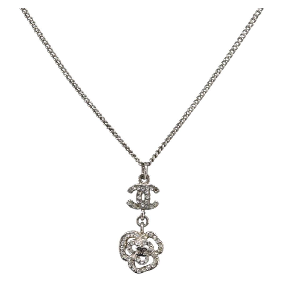CHANEL Camelia Necklace Metal Silver CC Auth 199739
