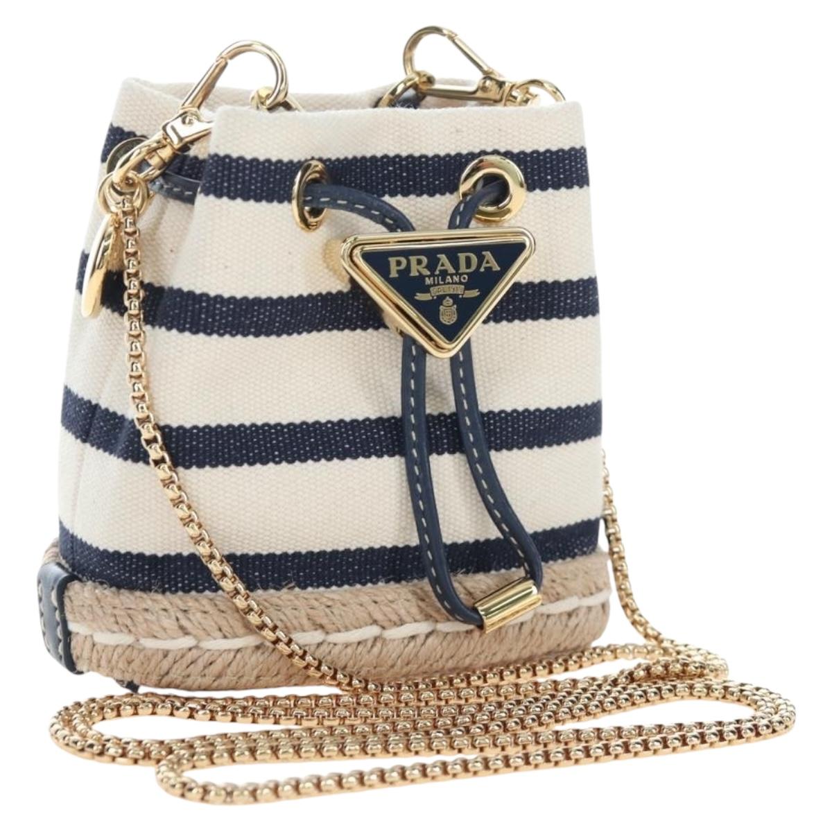 PRADA Chain Shoulder Pouch Canvas Navy Gold Auth LN217M