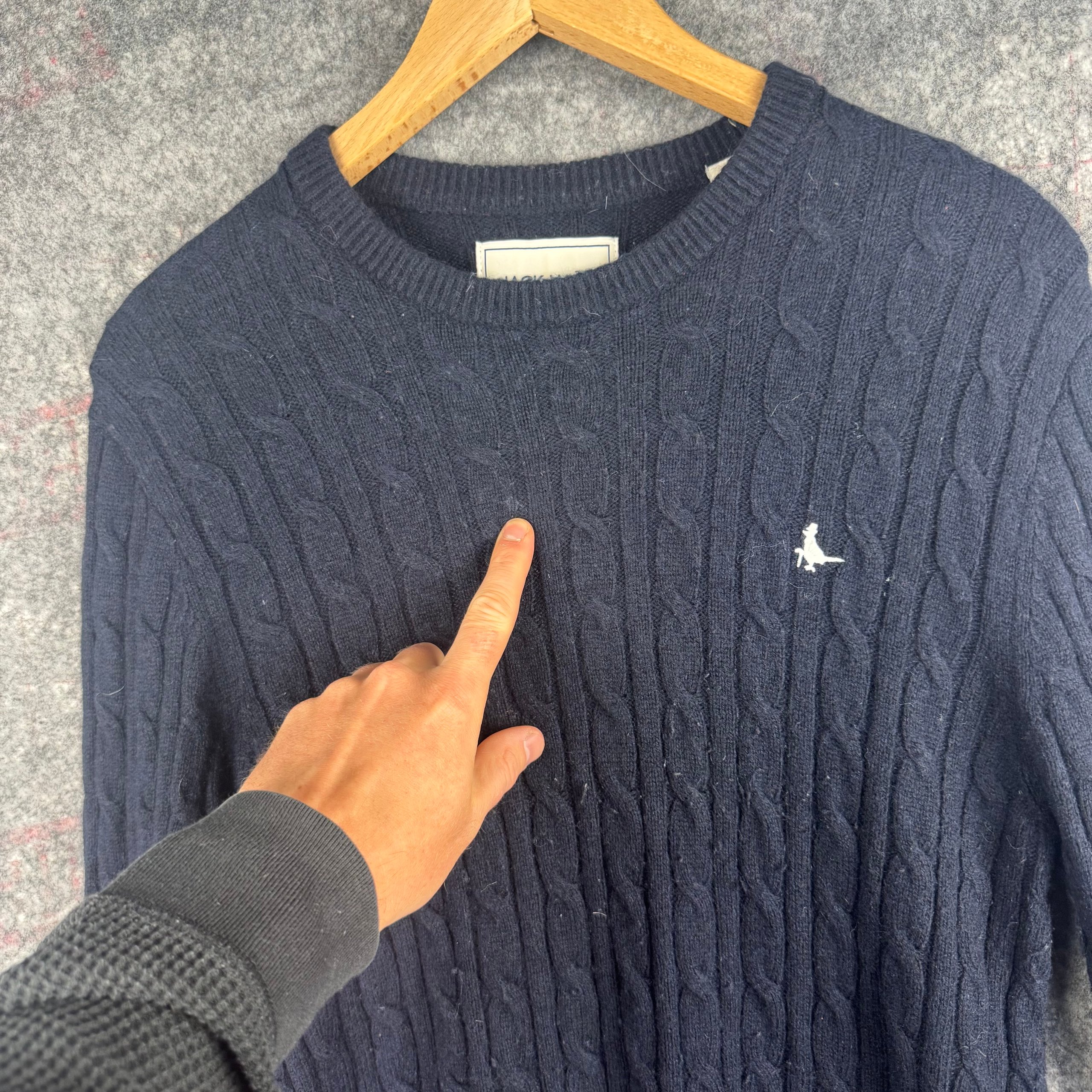 Merino Wool Blend Jack Wills Navy Cable Knit Crew Jumper Large - White Crest image 5