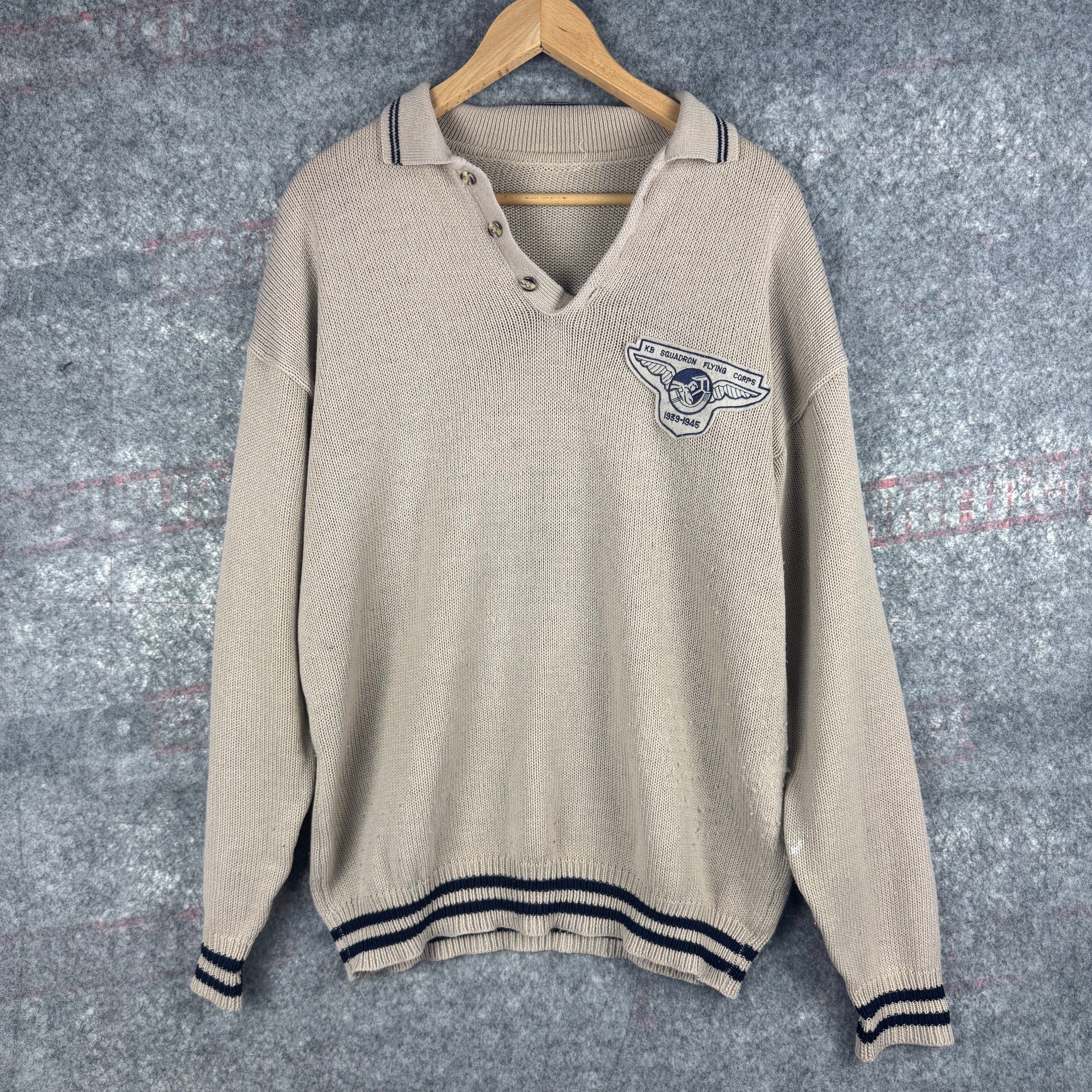 Retro Knitted Polo Jumper Beige Navy Aviation Patch Large