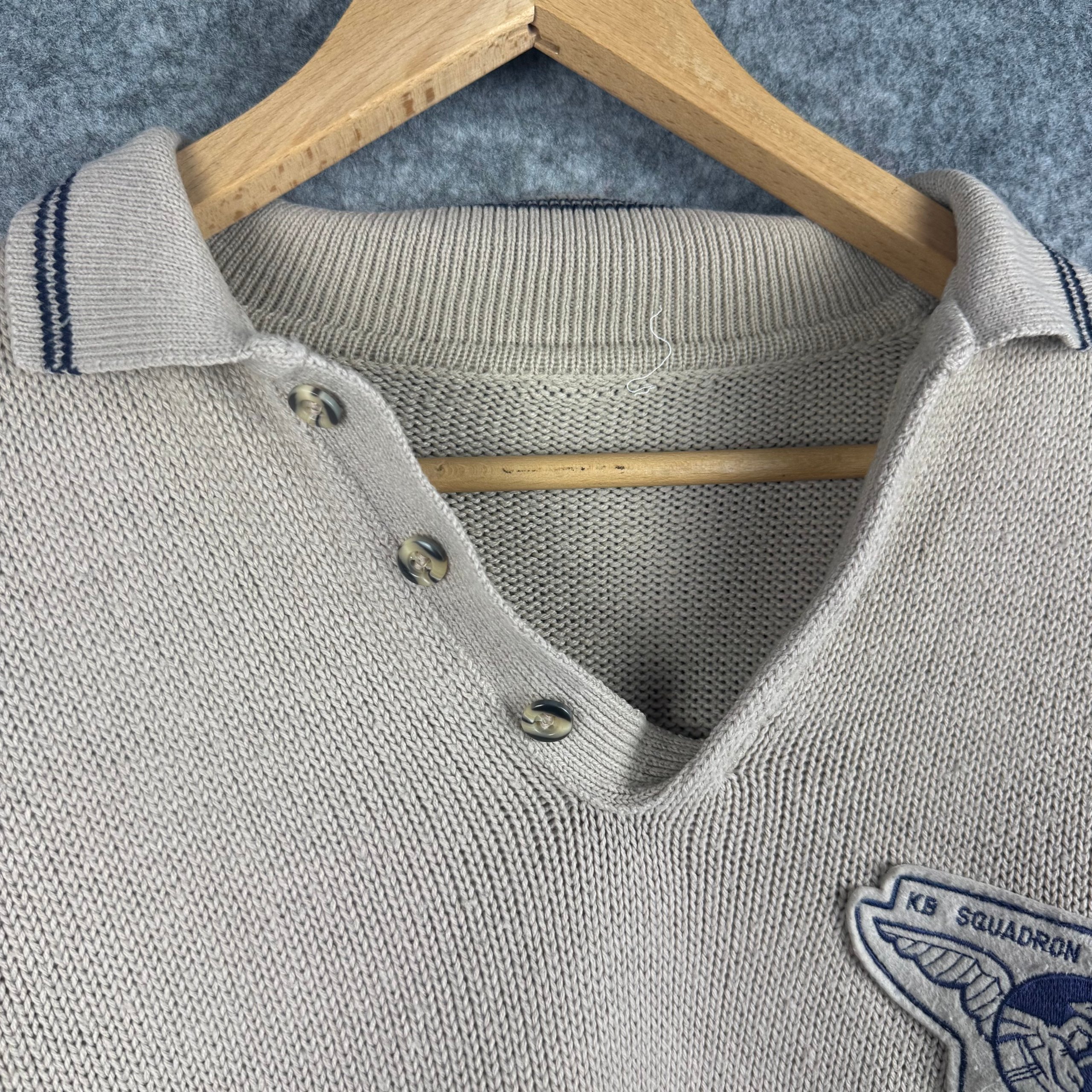 Retro Knitted Polo Jumper Beige Navy Aviation Patch Large image 3