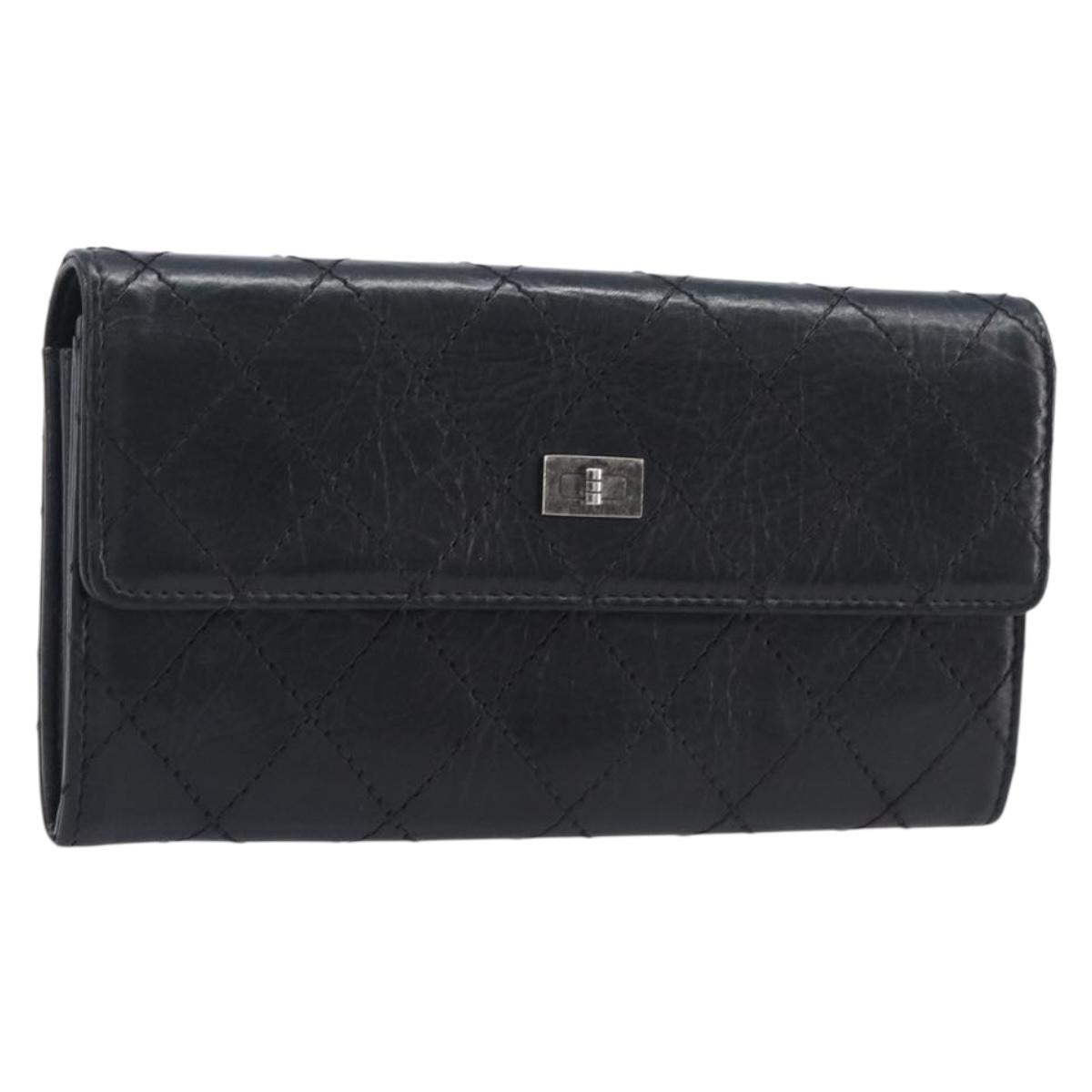 CHANEL 2.55 Matelasse Long Wallet Leather Black Silver CC Auth 205240V