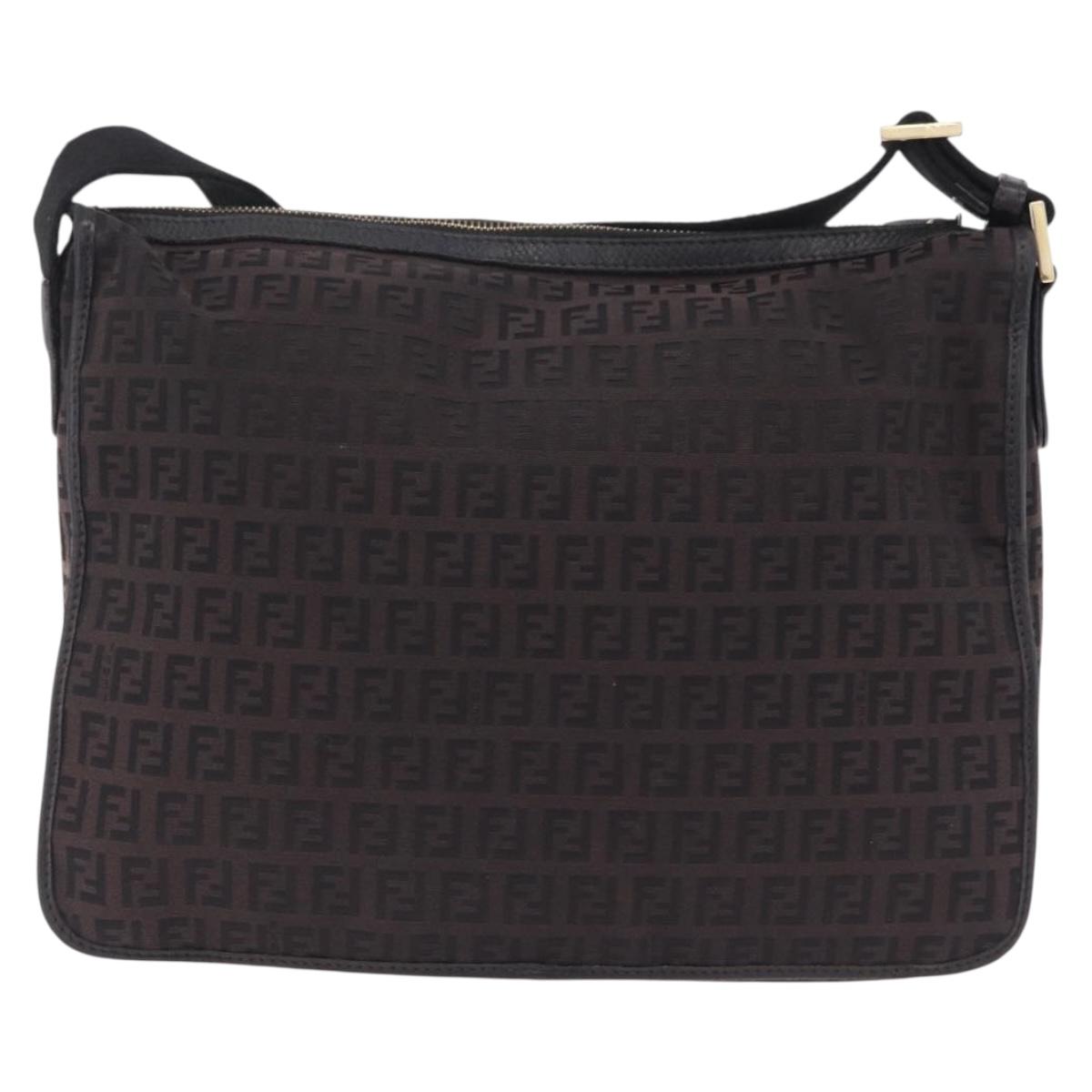 FENDI Zucchino Canvas Shoulder Bag Dark Brown Gold Auth 206775A image 2
