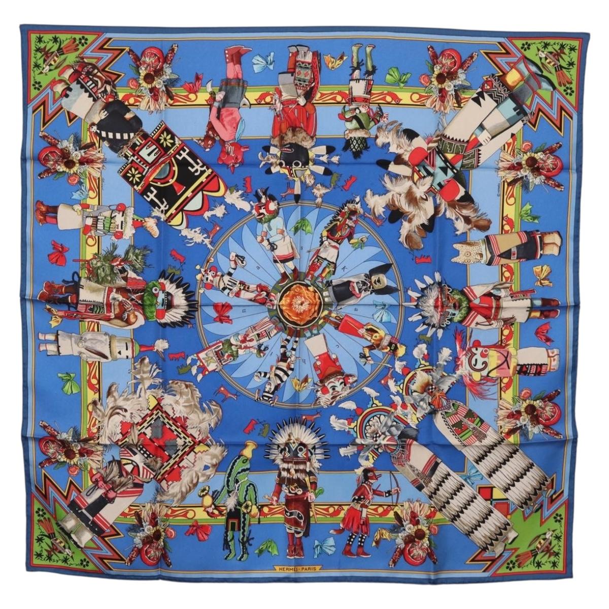HERMES Carre 90 Scarf Silk Blue Red "KACHINAS" Auth ki6872M
