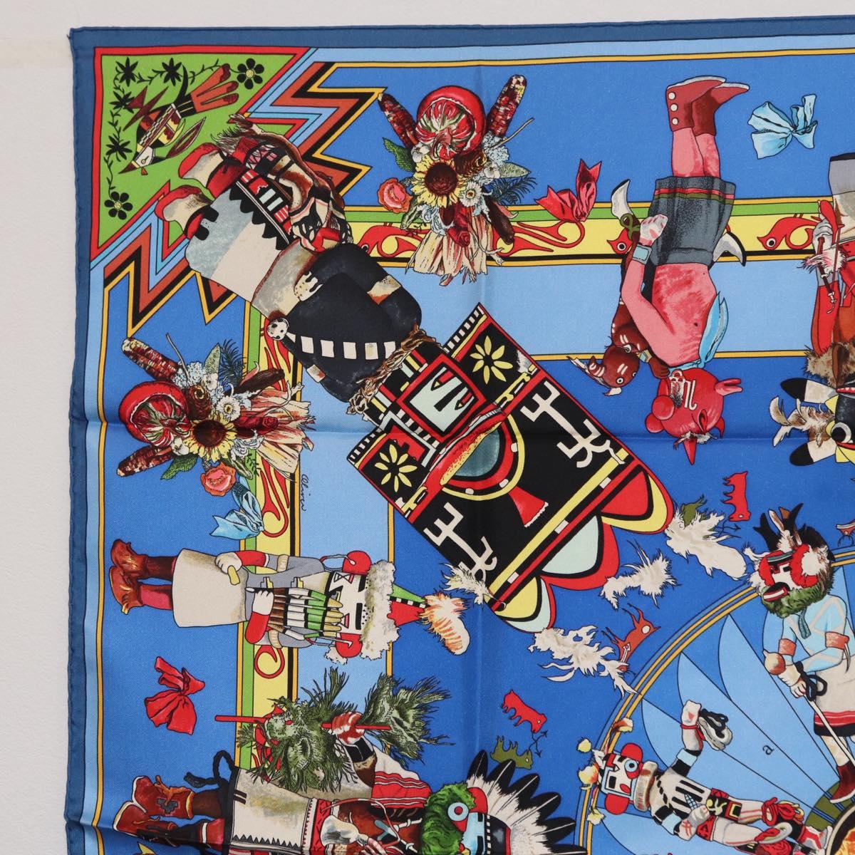 HERMES Carre 90 Scarf Silk Blue Red "KACHINAS" Auth ki6872M image 2