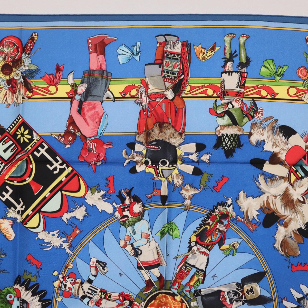 HERMES Carre 90 Scarf Silk Blue Red "KACHINAS" Auth ki6872M image 3
