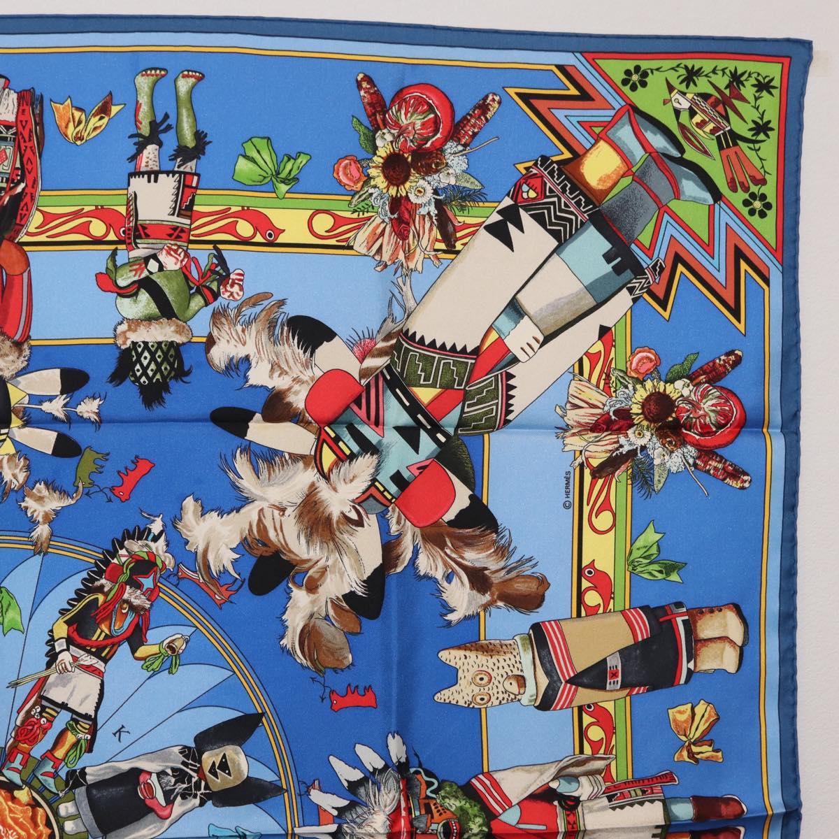 HERMES Carre 90 Scarf Silk Blue Red "KACHINAS" Auth ki6872M image 4