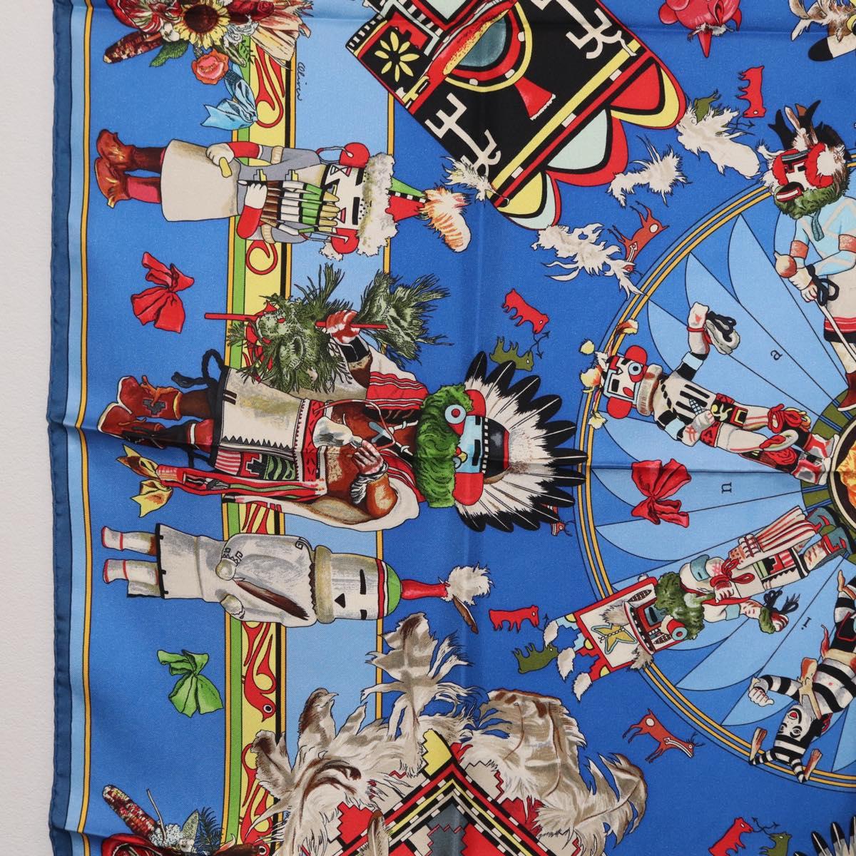 HERMES Carre 90 Scarf Silk Blue Red "KACHINAS" Auth ki6872M image 5