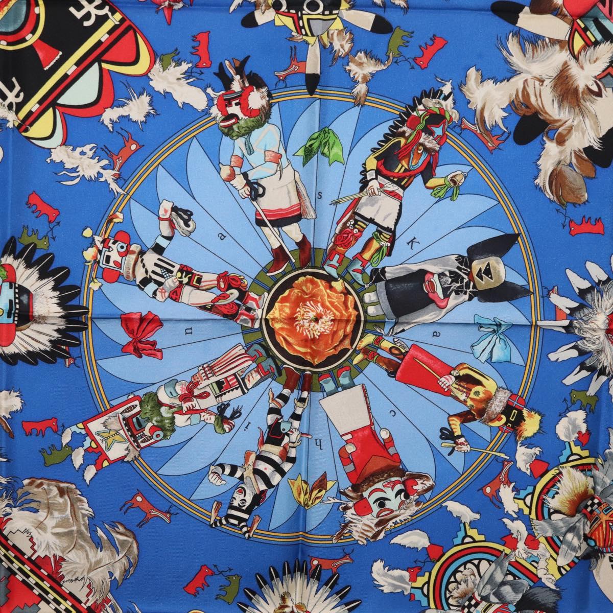 HERMES Carre 90 Scarf Silk Blue Red "KACHINAS" Auth ki6872M image 6