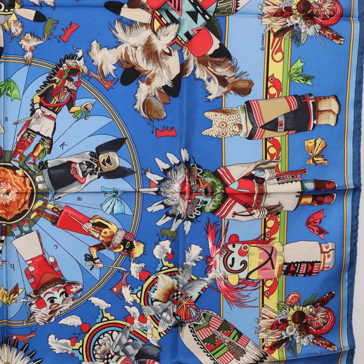 HERMES Carre 90 Scarf Silk Blue Red "KACHINAS" Auth ki6872M image 7