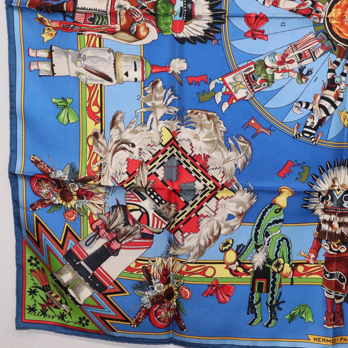 HERMES Carre 90 Scarf Silk Blue Red "KACHINAS" Auth ki6872M image 8