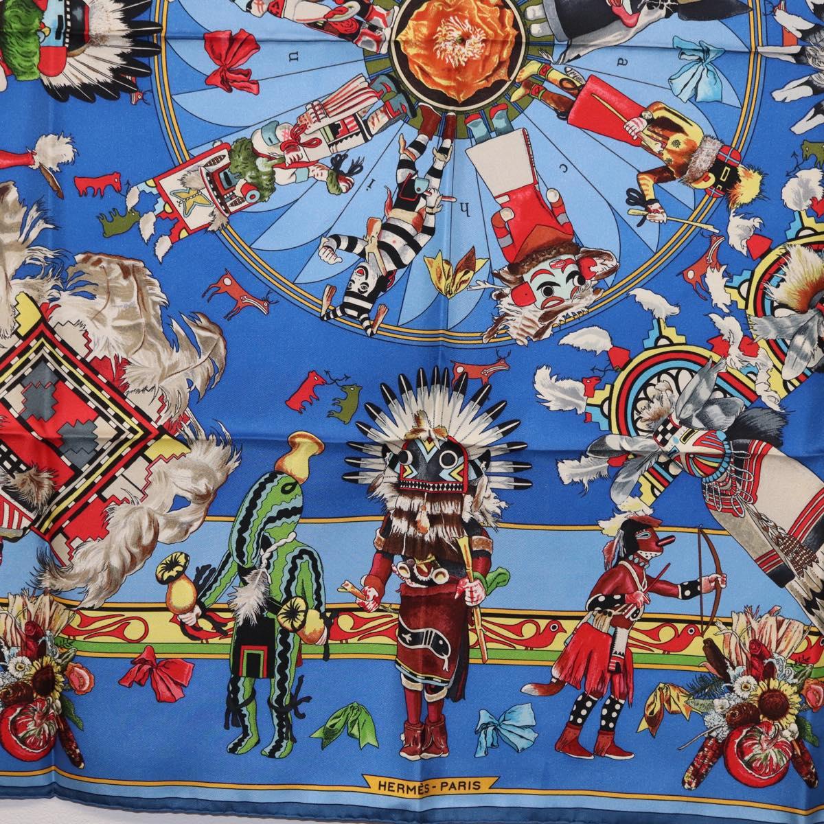 HERMES Carre 90 Scarf Silk Blue Red "KACHINAS" Auth ki6872M image 9